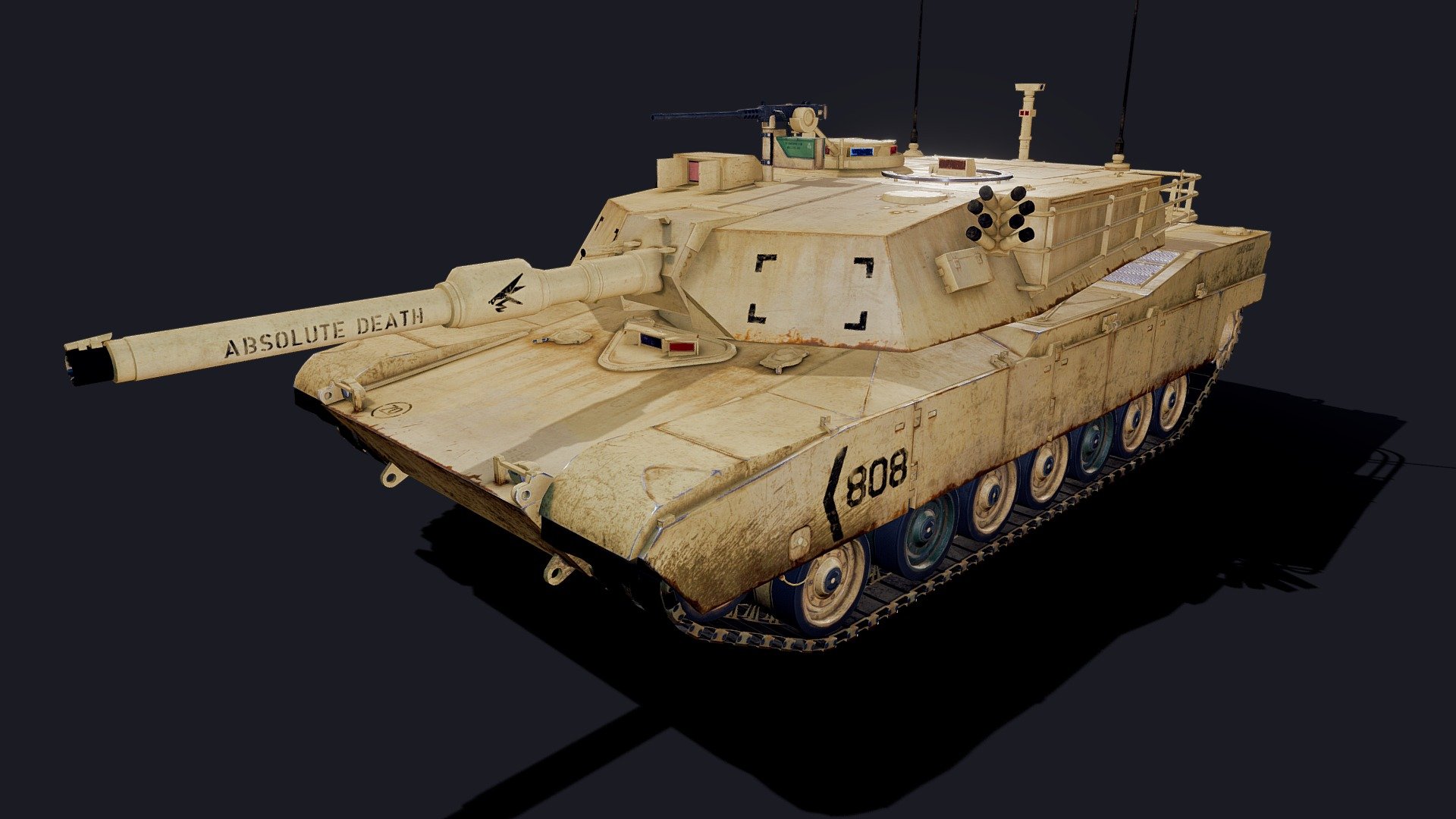 Real-world scale and centered

UnwrapUVW included

Ready to be animated

Maps sizes: 

4096x4096 (body and turret),
2048x2048 (wheels, machine gun and other stuff),
1024x1024 (tracks)




Provided Maps: 

Albedo,
Normal,
Glossynes,
Metalness,
AO,
Cavity,
Opacity,
  The M1 Abrams is a third-generation American main battle tank designed by Chrysler Defense (now General Dynamics Land Systems). Conceived for modern armored ground warfare and now one of the heaviest tanks in service at nearly 68 short tons (almost 62 metric tons), it introduced several innovative features, including a multifuel turbine engine, sophisticated Chobham composite armor, a computer fire control system, separate ammunition storage in a blow-out compartment, and NBC protection for crew safety. Initial models of the M1 were armed with a licensed-produced 105 mm Royal Ordnance L7 gun, while later variants feature a licensed Rheinmetall 120 mm L/44.



 - M1 Abrams - Buy Royalty Free 3D model by Alexandru  Chirileac (@sasa454) 3d model