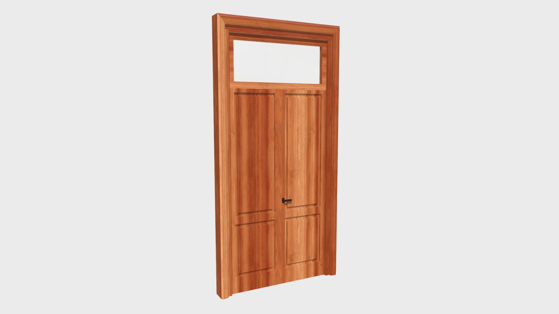 === The following description refers to the additional ZIP package provided with this model ===
Wooden door with transom glass window on top 3D Model. 5 individual objects (frame, glass top, 2 doors, handle; so, you can easily rotate or even animate the doors), sharing 2 non overlapping UV Layout maps (glass, other), Materials and PBR Textures sets. Production-ready 3D Model, with PBR materials, textures, non overlapping UV Layout map provided in the package.
Quads only geometries (no tris/ngons).
Formats included: FBX, OBJ; scenes: BLEND (with Cycles / Eevee PBR Materials and Textures); other: png with Alpha.
5 Objects (meshes), 2 PBR Materials, UV unwrapped (non overlapping UV Layout map provided in the package); UV-mapped Textures.
UV Layout maps and Image Textures resolutions: 2048x2048; PBR Textures made with Substance Painter.
Polygonal, QUADS ONLY (no tris/ngons); 12758 vertices, 12214 quad faces (24428 tris).
Real world dimensions; scene scale units: cm in Blender 3.2 (that is: Metric with 0.01 scale) - Wooden door with transom window - Buy Royalty Free 3D model by FrancescoMilanese 3d model