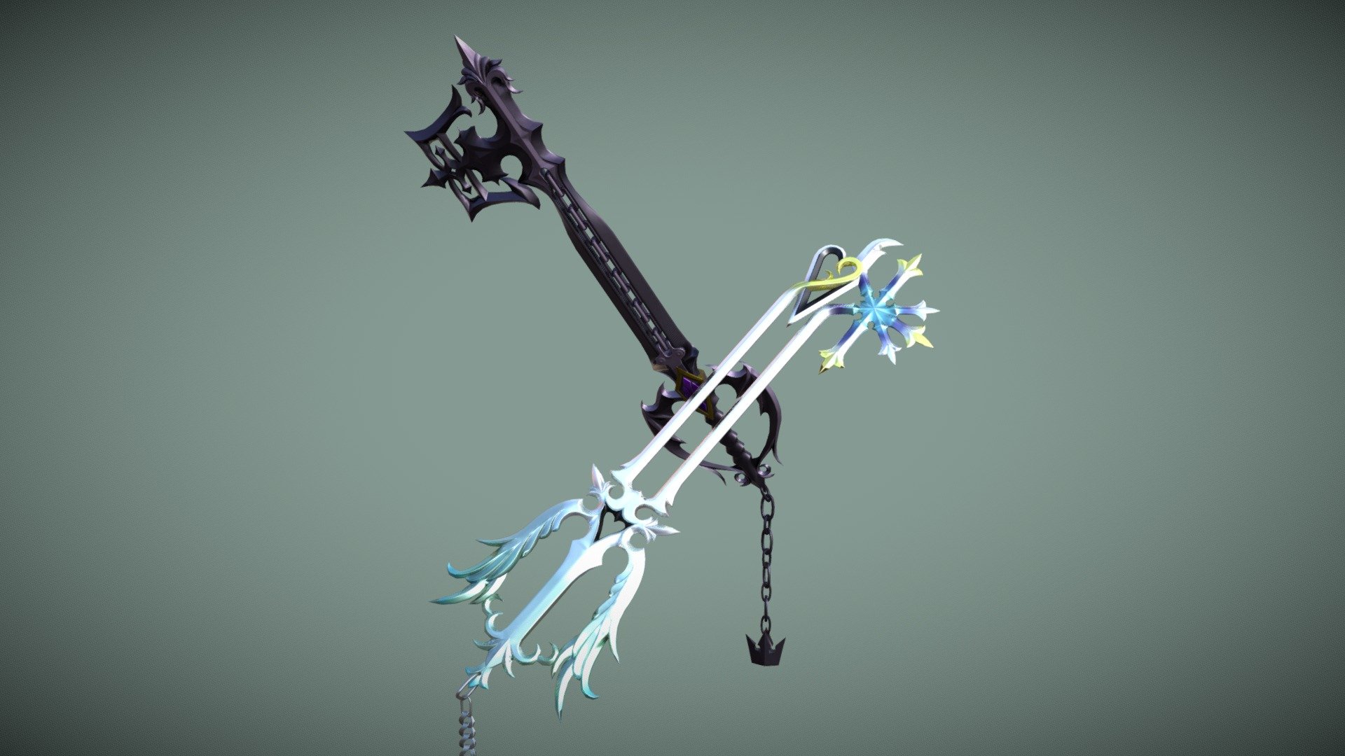 Part of a 3D modelling and mild animation project. These weapons feature in the Kingdom Hearts game series. I’ve had go at constructing them myself, and given them a new coat of paint to give their visual appeal a greater effect, since the in-game models aren’t especially ‘shiny’, like the models you see nowadays.

These iconic keyblades are the Oathkeeper and the Oblivion, each representing the bonds Sora has with Kairi and Riku respectively, but are better known for being used by Roxas, Sora's nobody, in his fights against Sora, Riku and Axel. Their combined power can enhance and prolong the user's combat drive, and can banish dark foes with the power of light

This is a piece of fan art for the Kingdom Hearts Series. Only the mesh and used maps you see here were created by me. All other credit goes to Square Enix and Tetsuya Nomura 3d model