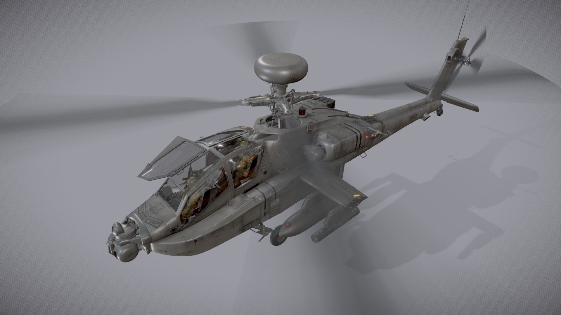 Helicopter Apache AH-64D U.S. Army  Complex Animation


Static andBasic Animation versions are available as seperate models (see my profile models)


File formats: 3ds Max 2021, FBX, Unity 2021.3.5f1


This model contains 46 Animations (See dropdown list below the time line)


Weapon:


* - External Fuel Tank 

* - Launcher M-260 with Hydra 70 missiles 

* - Launcher M-261 with Hydra 70 missiles 

* - Hellfire launcher and missiles 

* - M230 chain gun 


This model contains PNG textures(4096x4096):


-Base Color

-Metallness

-Roughness


-Diffuse

-Glossiness

-Specular


-Emission

-Normal

-Ambient Occlusion
 - Apache AH-64D U.S. Army Complex Animation - Buy Royalty Free 3D model by pukamakara 3d model