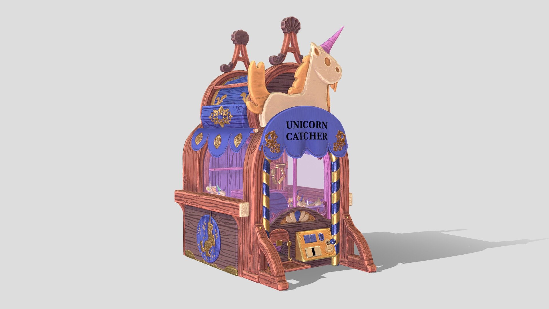 Hello everyone, I made this model of a cute Unicorn Claw Machine following a design by the artist Julie Perez for the medieval back-and-forth challenge on Artstation.

The polycount for the full model and the 4 little wooden horse is 47972. I don't know how you'd manage to spawn so many little unicorn wooden toys in a game, so the full polycount is way higher on my take. I bet you could just use particles or an equivalent to avoid the extra triangles.

I also did that demonstration animation, to show how eveything could work but of course in a game that'd be done with programming not actual bones, haha.

I hope you enjoy it ! - Medieval Claw Machine - Unicorn Catcher - 3D model by Mariane13 3d model