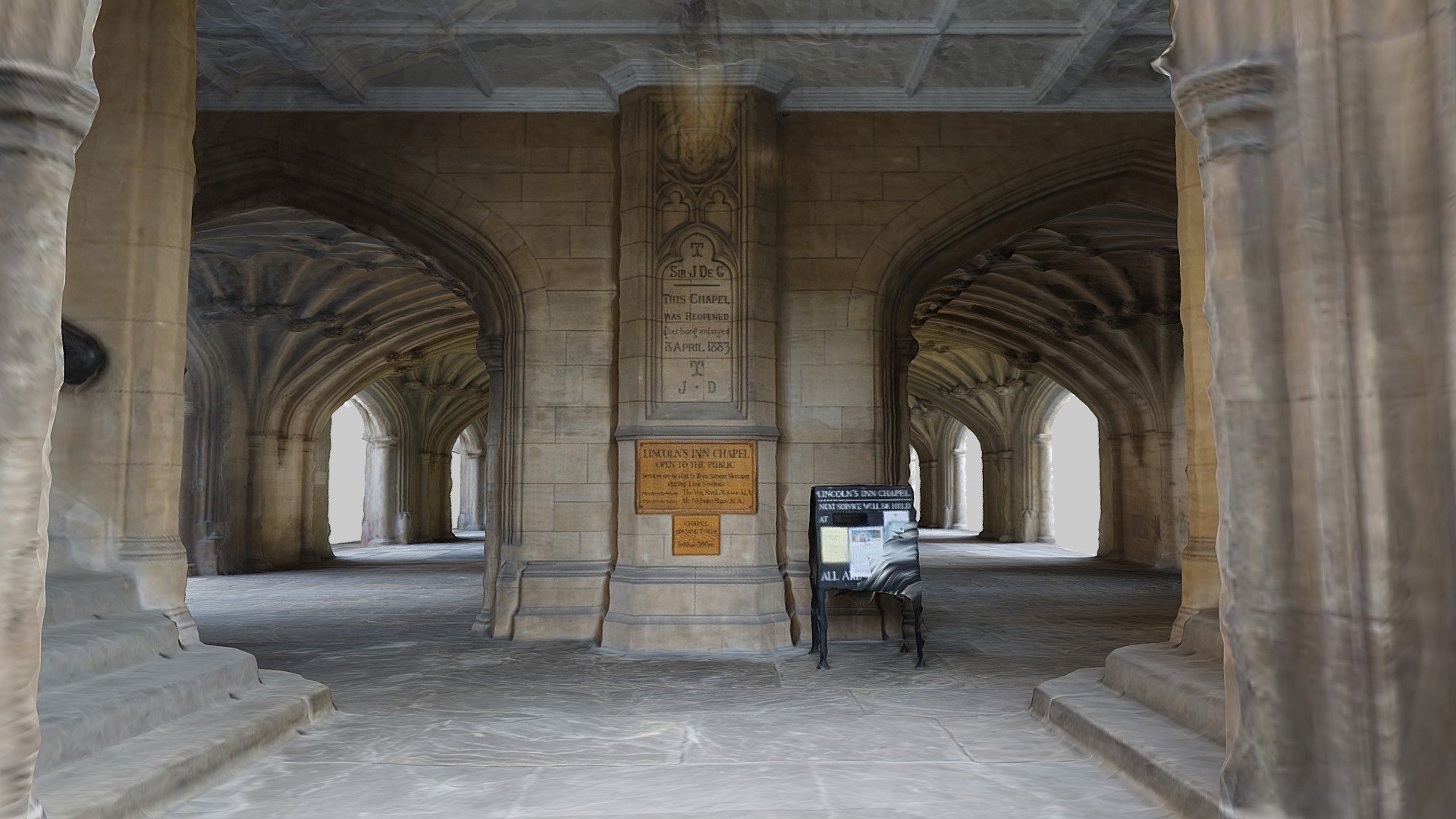 The undercroft of Lincoln's Inn Chapel, London.

https://en.wikipedia.org/wiki/Lincoln%27s_Inn

Photos taken in February 2019 with a Sony a6000 and processed in Agisoft Metashape.

There is a more recent and better quality scan of this location here: https://skfb.ly/oItqQ - Lincolns Inn Chapel Undercroft - Download Free 3D model by artfletch 3d model