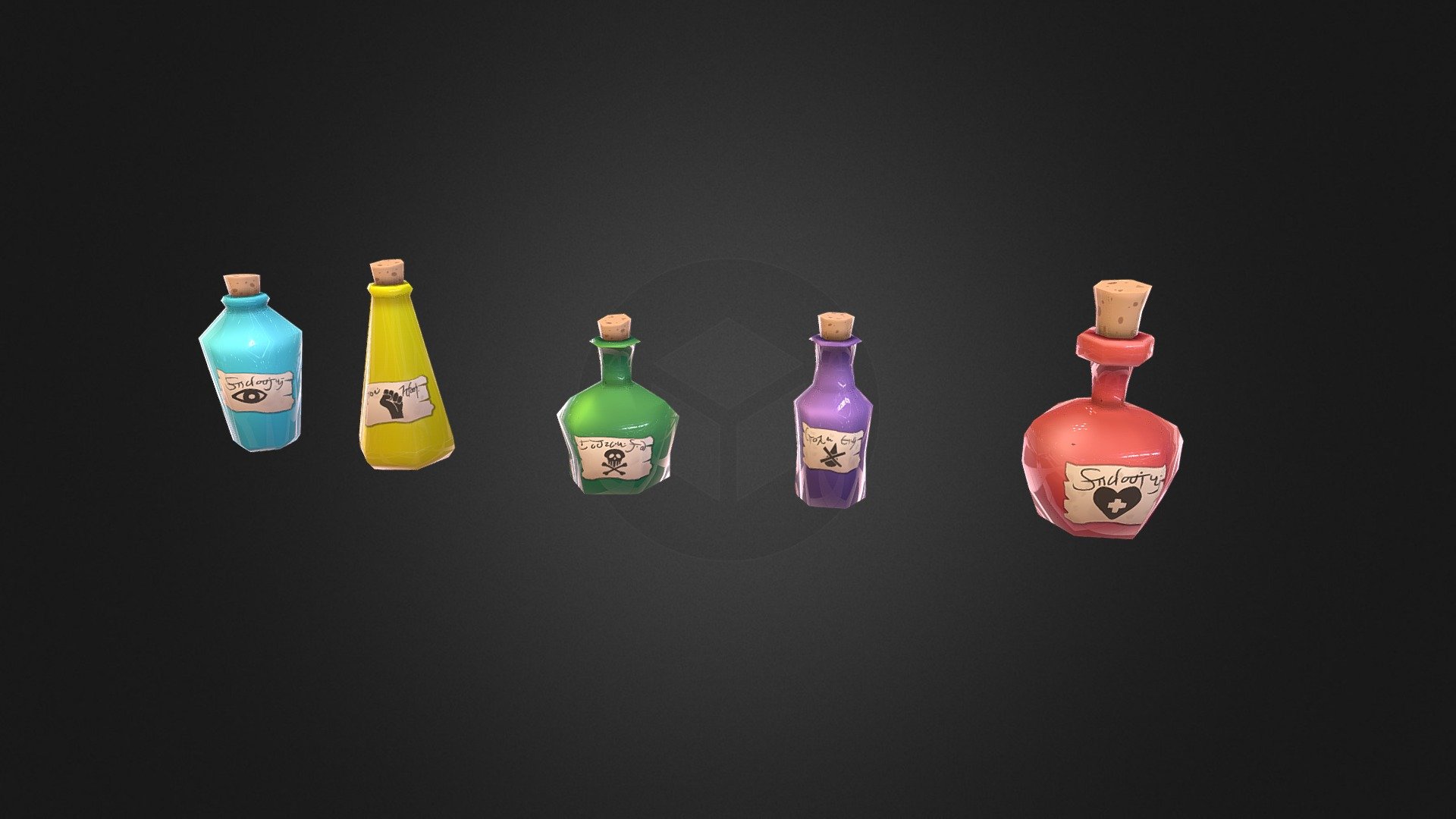Who wants only one variety of potion when you have five to choose from?!

Blue Potion of Invisability
Yellow Potion of Strength
Green Potion of Poison
Purple Potion of Antidote
Red Potion of Health - Witch's Potions! - 3D model by Graham (@graham3d) 3d model