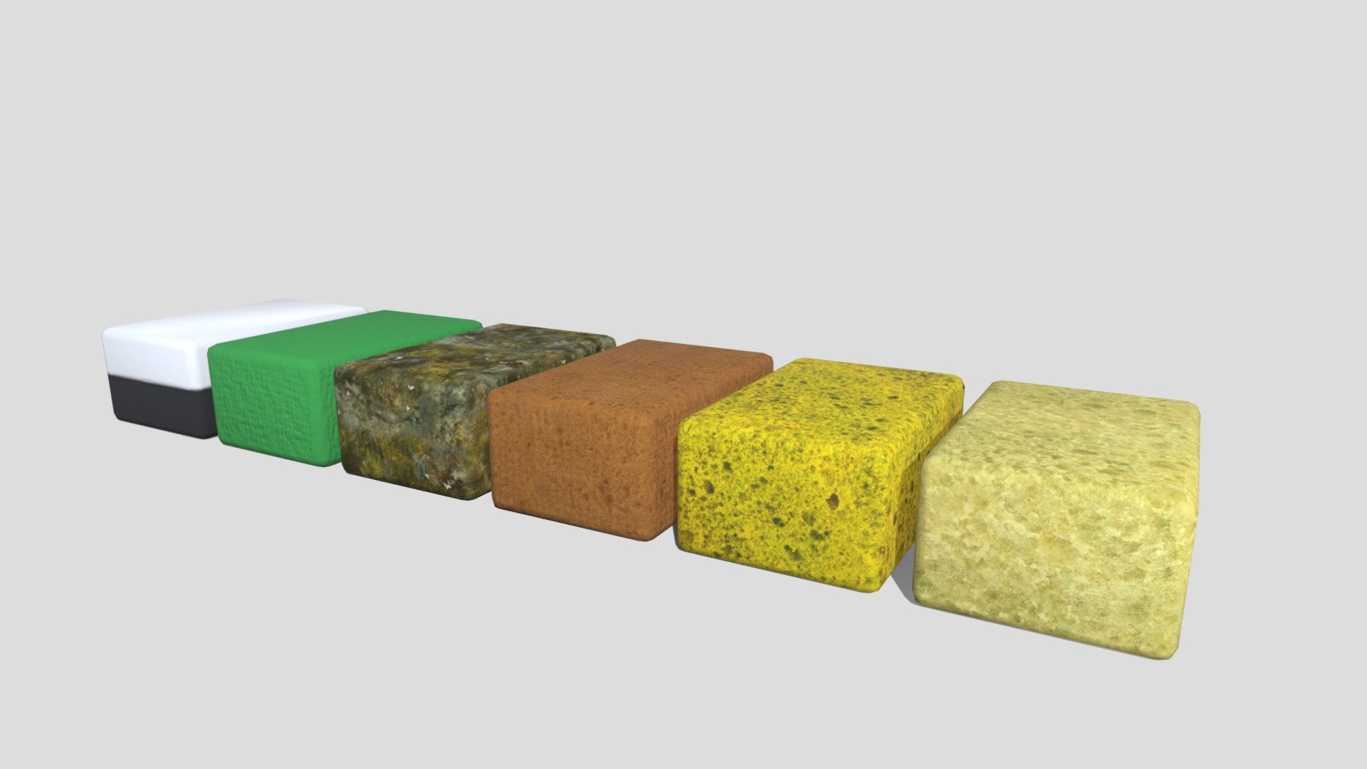 Pack of 5 chalk board sponges and 1 white board sponge.

One sponge is moldy and usable in a horror setting or as an old prop.

Contains models and textures 3d model