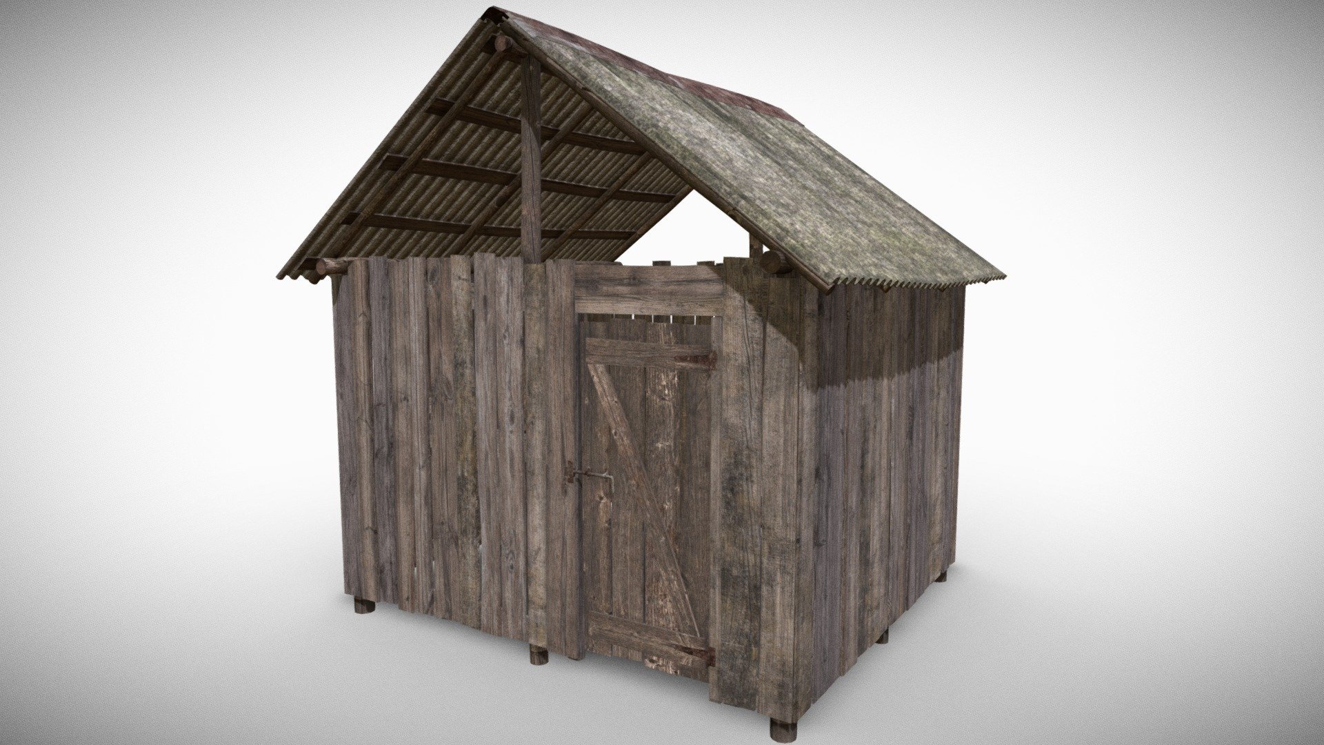 Highly detailed game ready 3d model of an old wooden shed. The building is enterable, the door is a separate object 3d model