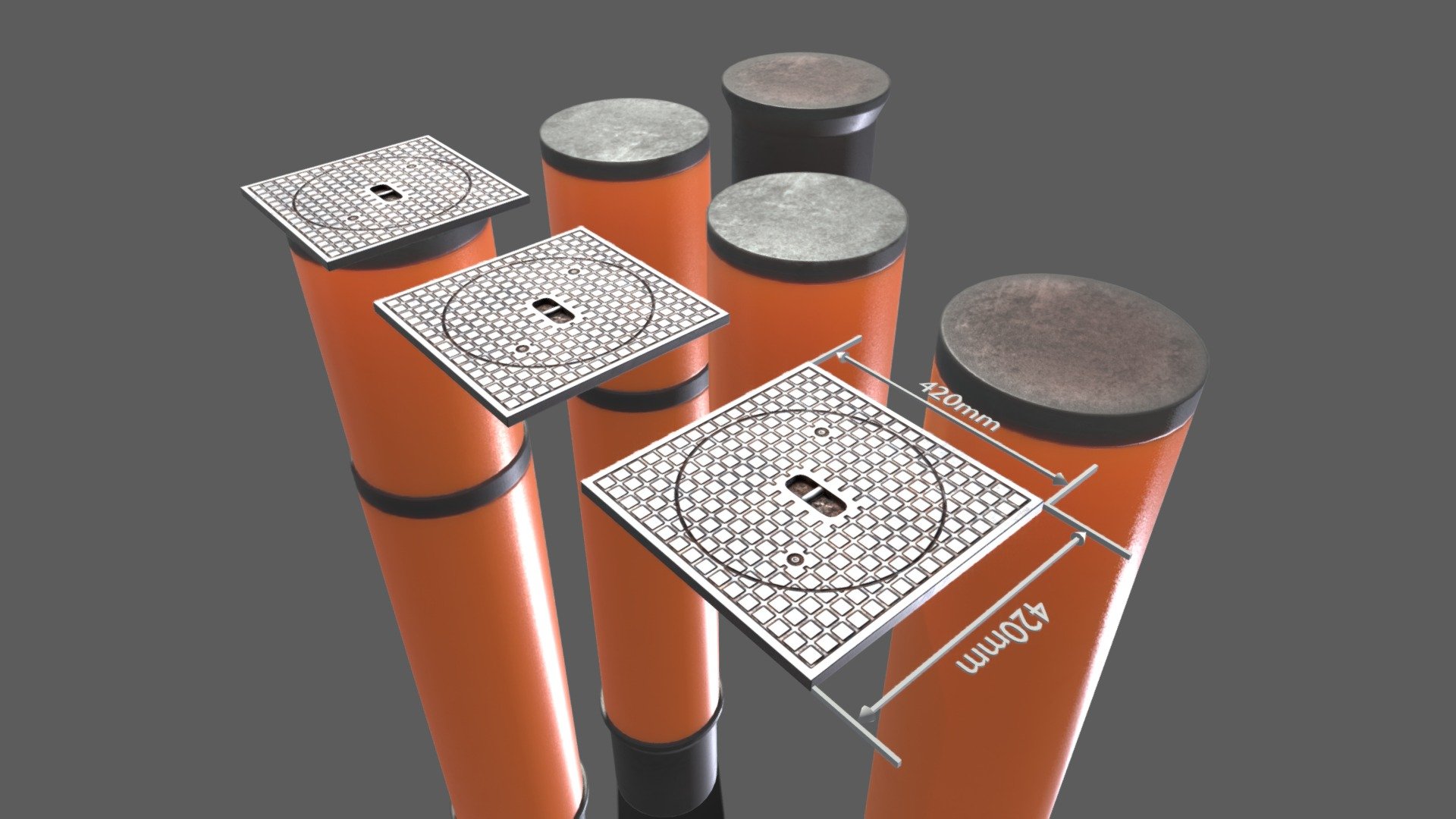 Here is the sewer cover 5 with pipes for an external visualization of a house connection shaft.









PBR-Textures = 4K (PNG)



Parts:




Name - Pipe_1 


Dimensions -  0.400m x 0.400m x 0.620m




Polygons = 218








Name - Pipe_2 


Dimensions -  0.420m x 0.420m x 1.500m




Polygons = 218








Name - Pipe_3 


Dimensions -  0.453m x 0.453m x 0.488m




Polygons = 282








Name - Pipe_4 


Dimensions -  0.420m x 0.420m x 2.607m




Polygons = 718








Name - Sewer Cover 5 Low-Poly 


Dimensions -  0.420m x 0.420m x 0.059m




Polygons = 230








Name - Sewer Cover 5 Low-Poly_Simple 


Dimensions -  0.420m x 0.420m x 0.018m




Polygons = 157








Name - Sewer Cover 5_Pipes 


Dimensions -  0.420m x 0.420m x 2.630m




Polygons = 948




 - Sewer Cover 5 with Pipes (Low-Poly) - Buy Royalty Free 3D model by VIS-All-3D (@VIS-All) 3d model