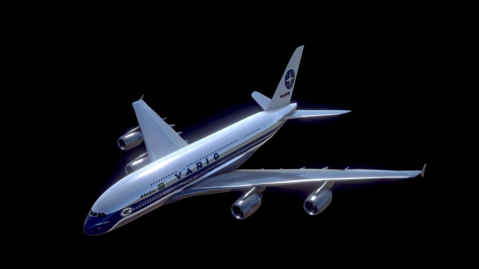 An Airbus A380 painted in a Varig livery, a major brazilian airline that operated from 1927 to 2010.

I like the livery they used in the 80s and decided to apply it to a newer aircraft model to see how it would look like. Turned out to be pretty good!

Software used: 3DS Max and Substance Painter - Varig A380 - Buy Royalty Free 3D model by Igor Harmendani (@igorharmendani) 3d model