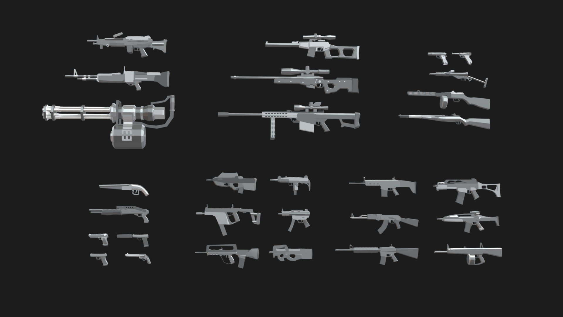 This pack include:
3 Heavy Machine Guns
- M60 (1182 Polys)
- M249 (1054 Polys)
- Minigun (1259 Polys)

3 Snipers
- VSS Sniper (1084 Polys)
- L115 Awp (1234 Polys)
- Barett (3118 Polys)

5 WW2 Weapons
- Sten (971 Polys)
- PPSH (836 Polys)
- M1 Garand (376 Polys)
- M1911 (443 Polys)
- Luger P08 (488 Polys)

2 Shotguns
- Spas12 (1268 Polys)
- Sawed-Off (319 Polys)

4 Pistols
- Glock17 (348 Polys)
- Revolver (761 Polys)
- Desert Eagle (557 Polys)
- Usp-45 (453 Polys)

6 Spec-Ops Weapons
- Uzi (927 Polys)
- P90 (672 Polys)
- Mp5K (1033 Polys)
- Kriss Vector (776 Polys)
- FN2000 (601 Polys)
- Famas (848 Polys)

Assault Rifles
- XM8 (722 Polys)
- ScarH (973 Polys)
- M16A4 (930 Polys)
- G36 (823 Polys)
- AK47 (764 Polys)
- AA12 (641 Polys)

All models are UV Unwrapped

No PBR
No Texture

You can access this package from:

https://bit.ly/3vZl28N

https://www.artstation.com/a/14289532 - Low-Poly Weapon Asset Pack - 3D model by r2detta 3d model