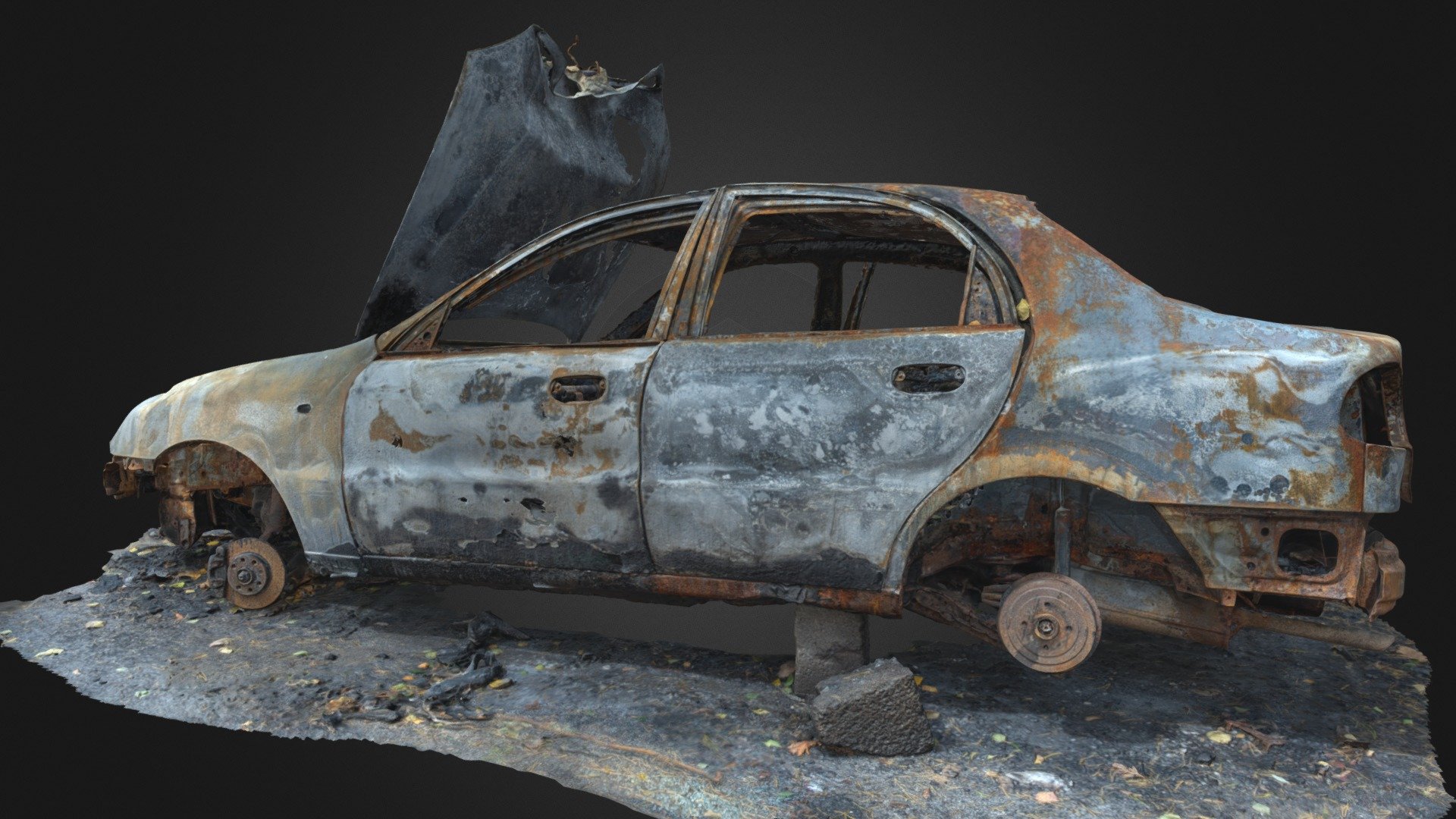 3D scan of an old burned car wreck.

No windows, very rusty, burned metal. Open hood, burned engine.

With normal map 3d model