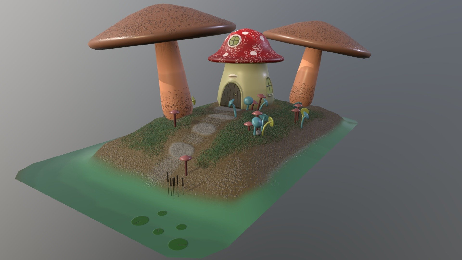 A small island with a cozy mushroom cottage 3d model
