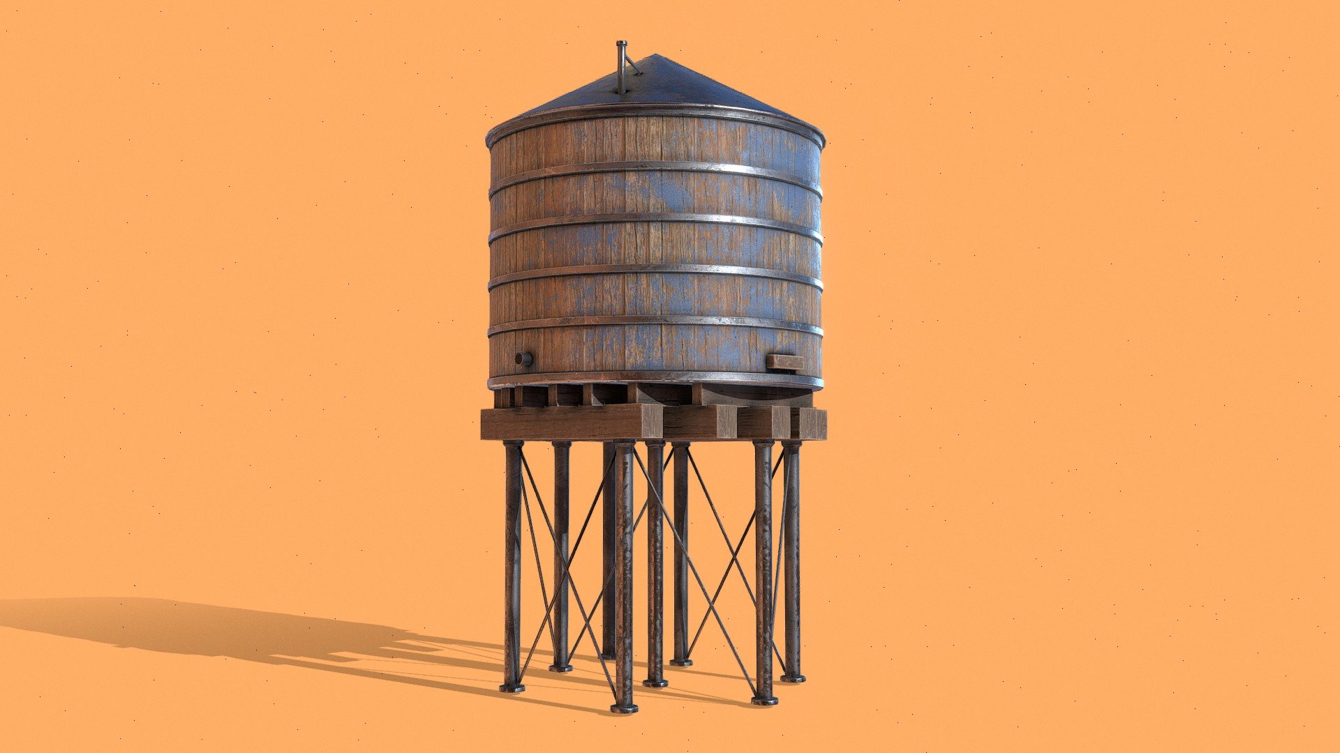 Abandoned water tank made for a mobile prototype game, made of wood and rusted metal located in Nevada Desert 3d model