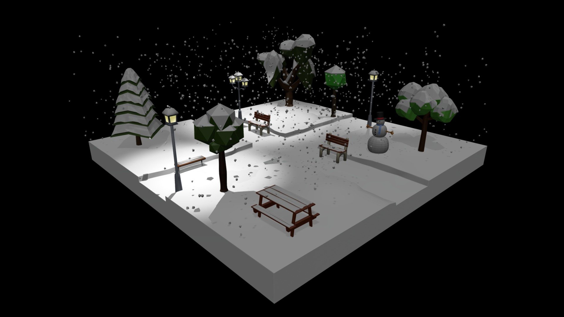 This is a low poly 3d model of a winter park at night. The low poly park was modeled and prepared for low-poly style renderings, background, general CG visualization presented as 15 objects with quads and tris

Objects

Ground Snow 5 Trees 3 Street Lamps 3 Benches 1 Picnic Table 1 Snowman

Verts : 17.796 Faces: 20.151

PLEASE NOTE The original file was created in blender. You will receive a 3DS, OBJ, FBX, blend, DAE, STL, the exported models have simple materials with diffuse colors, the shaders of the presentation images are only included in the .blend file

Warning: Depending on which software package you are using, the exchange formats may not match the preview images exactly. Due to the nature of these formats, there may be triangulated geometry

All preview images were rendered with Blender Cycles. Product is ready to render out-of-the-box. Please note that the lights, cameras, and background is only included in the .blend file. The model is clean and alone in the other provided files, centered at origin - Low Poly Cartoon Winter Park at Night - Buy Royalty Free 3D model by chroma3d (@vendol21) 3d model