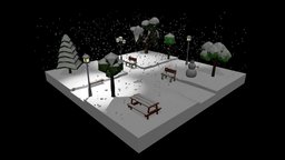 Low Poly Cartoon Winter Park at Night tree, lights, topology, bench, winter, snow, christmas, stylish, table, park, holiday, x-mas, environment-assets, low-poly, blender