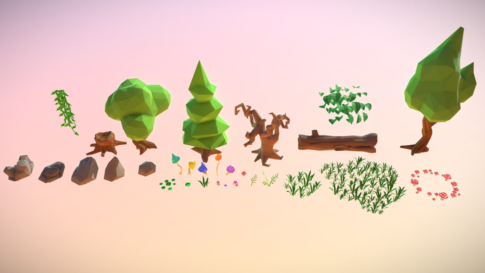Here's a bunch of trees and rocks and such for all of your woodsy, outdoor adventuring needs! Low poly, stylized and game ready! - Low Poly Nature Set - Buy Royalty Free 3D model by astarael (@astarael.games) 3d model