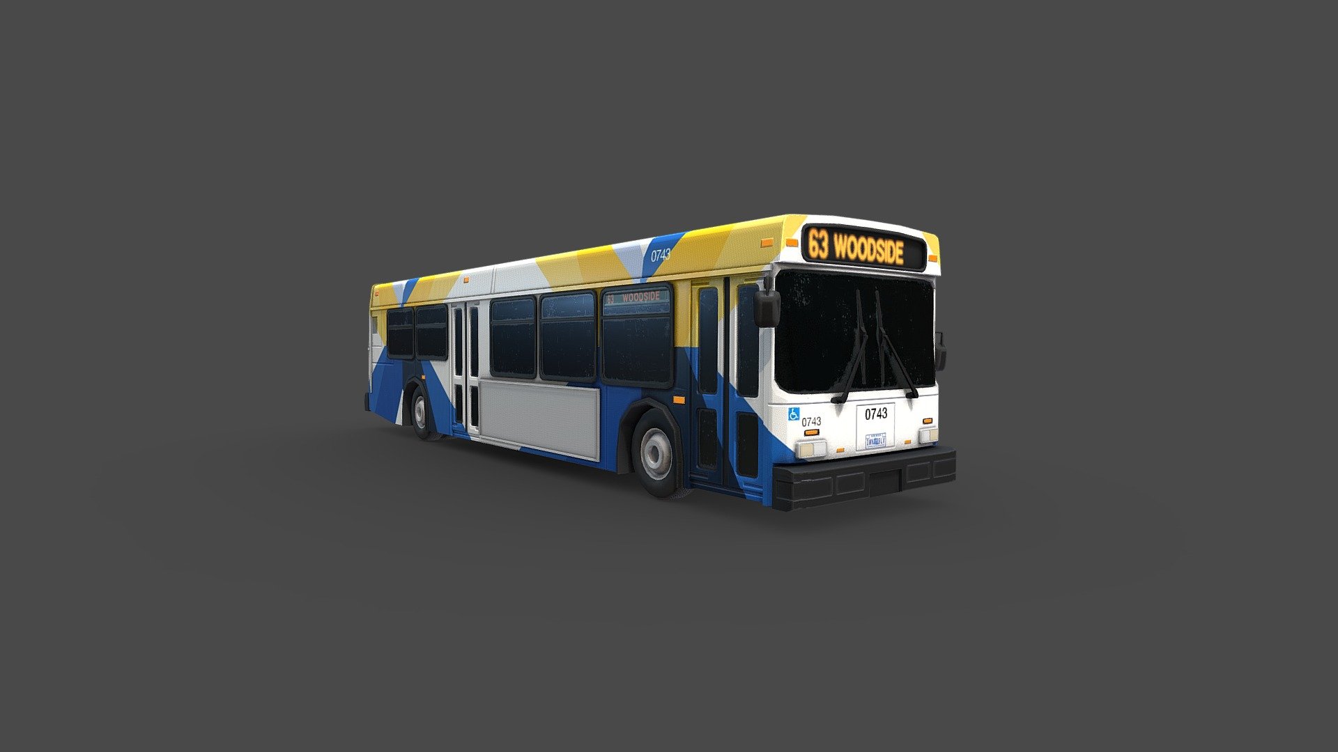 Transit bus, modeled after the New Flyer D40LF, painted in Halifax Transit colors. (Logos left off for copyright purposes.)

Modeled in Maya 2016, textured in Substance Painter 2019.3.3 - City Bus [Halifax Transit Colors] - 3D model by Evan Hiltz (@evan.hiltz) 3d model