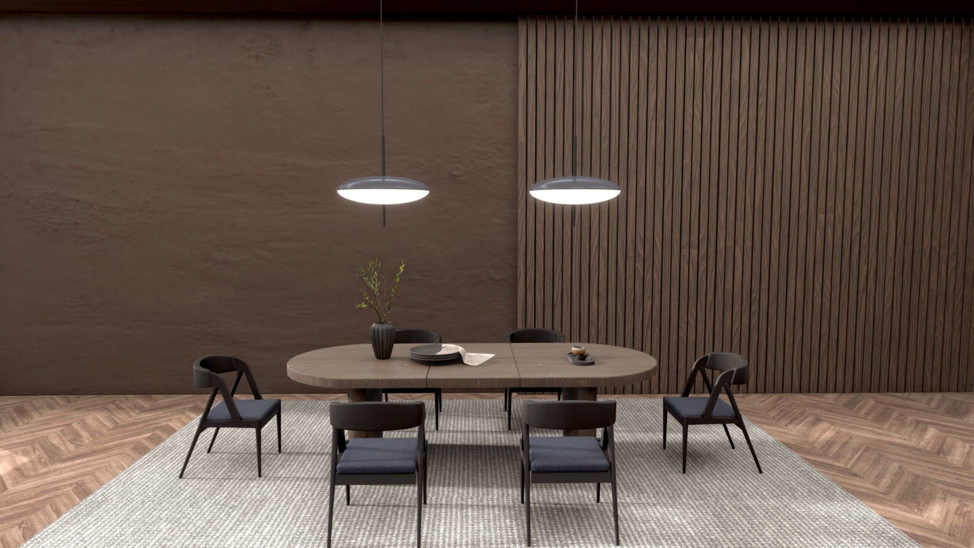 Hi guys,
This is a dinning room design.
The dark brown wall makes the whole look very stable.
Two minimalist chandeliers make the space look very spacious.
Lightings are baked into base color textures.

Hope u like it - dinning room - Buy Royalty Free 3D model by QuarizonStudio 3d model