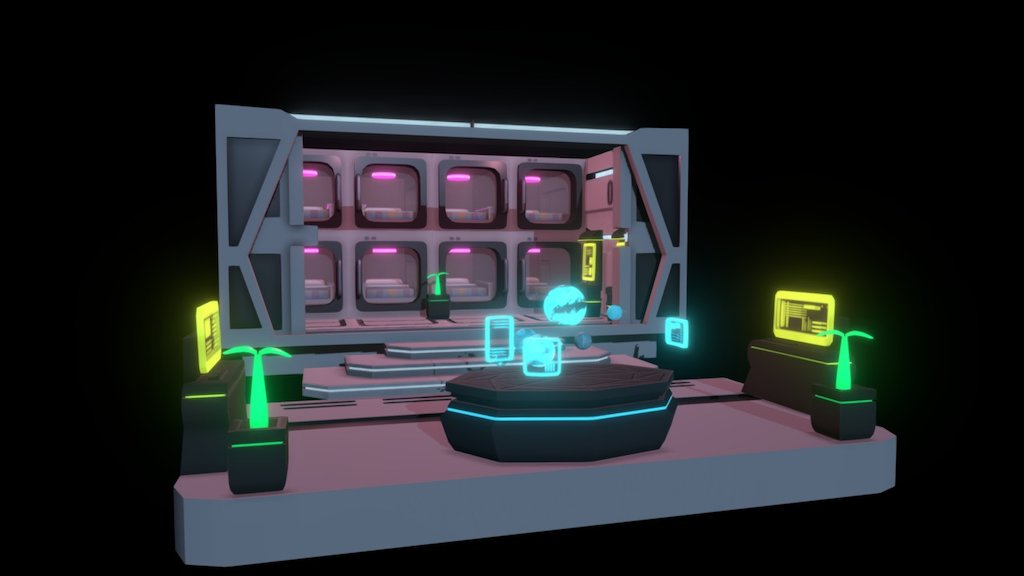 The scene takes place inside a spaceship, made for carrying passengers. The scene shows small, capsule-like bed spaces, a lounge area, with a large interactive hologram model. These can be used for entertainment and to communicate with others from different planets. The ship is fairly new and has been well maintained, and is in good condition. At night, the ship has ambient lighting in soothing, warm colours. The primary focus of the scene is the hologram model, which is always operating and emits a bright light. At night, the lights are dimmed and the stars from outside the ship keep it lit. The ship itself uses white and grey monochrome colours, and many of the lights, and screens emit a saturated, neon light. 

The hero set piece of the scene is a large, interactive hologram model, which emits bright light, making it the focal point. The hologram shows planets, with information panels. 

Supporting assets in the scene include: pods with beds, big and small computers, pot plants, doors, and stairs 3d model