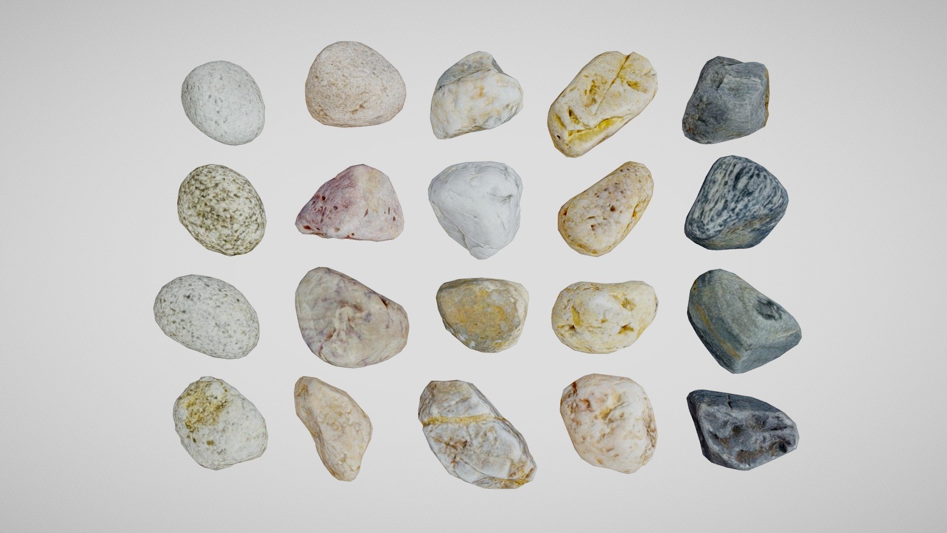 These assets were generated from scans of various beach pebbles and stones I picked up on the shore in Moguériec, in France.

Each prop in this collection is made of 400 triangles, and comes with 256px albedo and normal maps. 

Feel free to check them on the store here if you ever need more LODs: they come with 6 different Levels Of Detail (from 400 triangles and 256px textures up to 250k triangles and 4096x4096 textures).

Otherwise, I've previously scanned and/or curated other free packs of lowpoly assets in this collection, do not hesitate to have a look!

I'd love to know if you create something cool out of those assets ! - Lowpoly Rocks - Free Download - Download Free 3D model by Loïc Norgeot (@norgeotloic) 3d model
