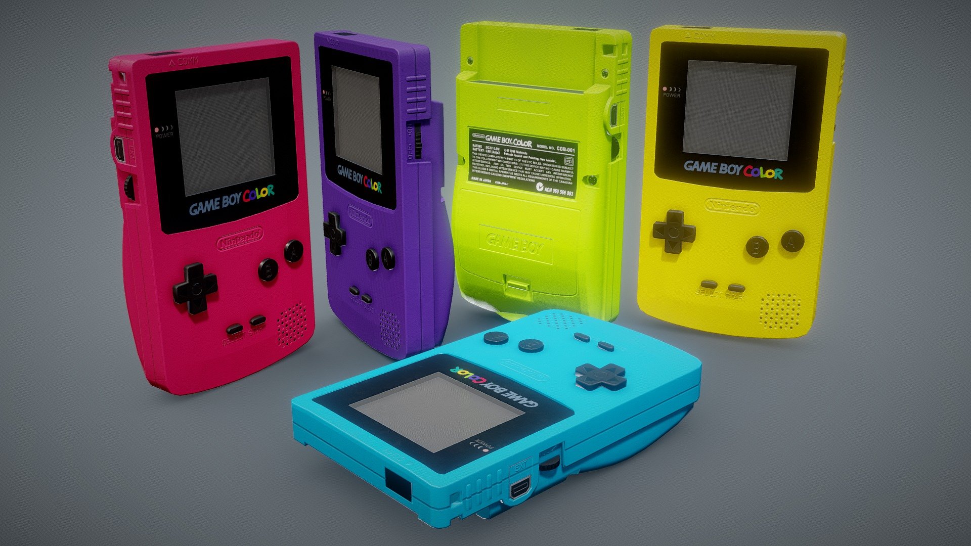 Legendary console in 5 original colours - berry fuchista, grape purple, kiwi green, dandelion yellow and teal

Additional file contains LODs and custom collider in .fbx, gltf. and .obj formats as well as 2x2k texture sets for Unity5, Unity HDRP, UnrealEngine4, PBR Metal Roughness - Gameboy Color - Game/VR/AR ready - Buy Royalty Free 3D model by NollieInward 3d model