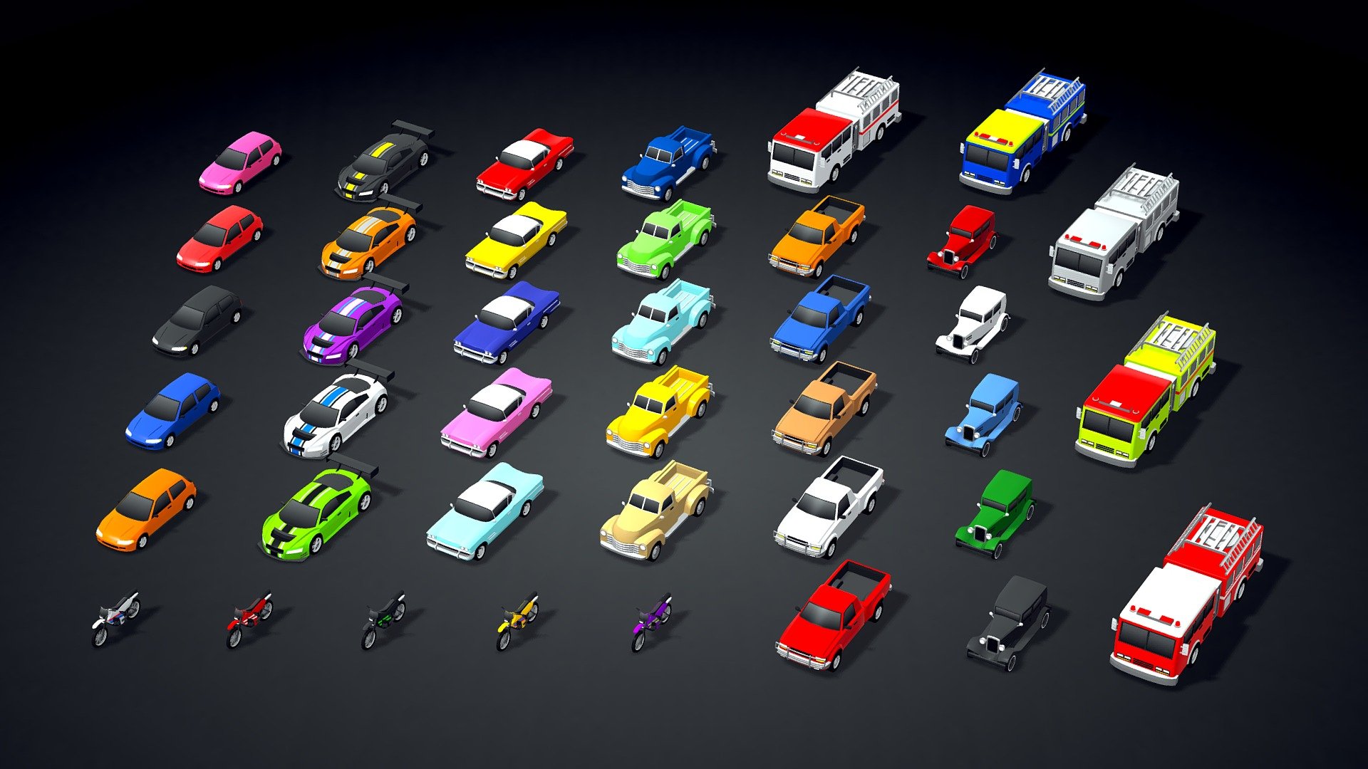 This is the FREE October update (2021) of my asset called “ARCADE: Ultimate Vehicles Pack”. It will be launched on the 1st of October 2021.

This asset is available for Unity3D (in the Unity Asset Store), Unreal Engine (in the Unreal Engine Marketplace) and Sketchfab.

The update includes 4 new cars, 2 trucks, 1 motorcycle and 1 fire truck for free 3d model