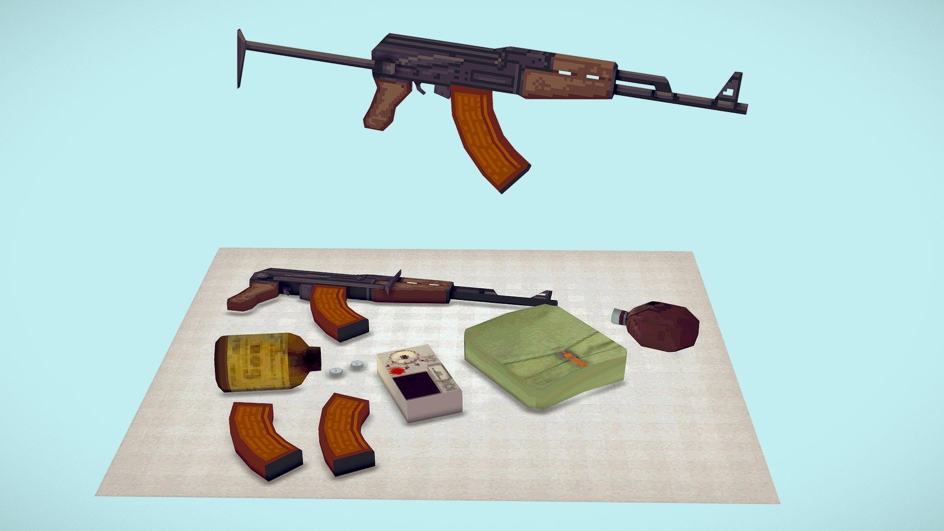 Soviet era AK-47 with folding stock, modeled with exactly 128 faces and a single 128x128 texture. Game ready asset with additional accessories bundled.

Includes:

1x 128 polygon &amp; 128 texture folding stock AK-47

1x ДП-64/DP-64 Soviet civil defense geiger counter/indicator

1x Soviet gasmask bag

1x Iod (Iodine) glass pill bottle + pills

1x Leather military canteen

1x Babushka cloth - 128 Polygon AK-47 + Soviet Military Accessories - Buy Royalty Free 3D model by Wave Design (@231225) 3d model