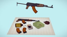 128 Polygon AK-47 + Soviet Military Accessories pills, 128, prop, retro, playstation, ak, psx, props, ak-47, ps1, 128x128, playstation1, geigercounter, low_poly-3d, lowpoly, gameasset, gun, pixelart, gameready, ps1-graphics