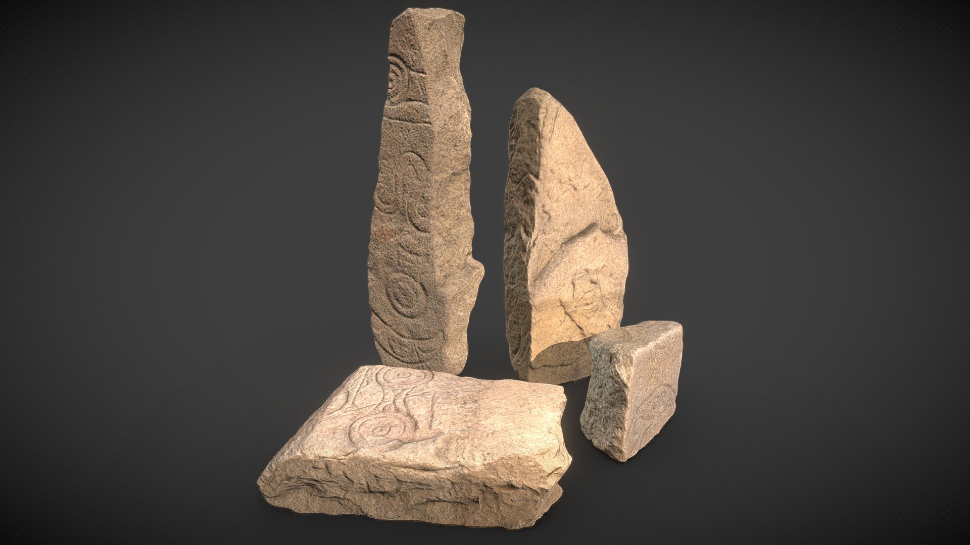 This is a pack of photorealistic stones coverwd with signs for your game or real-time application.

Every model has a set of 6 LODs. Models imported with LODs. LOD group created. Also, separate LODs imported.

34 FBX models in total
4 stones + 30 separate LODs
PBR TEXTURES. 28 PNG FILES. Each stone has:




diffuse

norma bump

cavity

ambient occlusion

specular

height

roughness
 - Desert Anchient Art Stones - Buy Royalty Free 3D model by Realtime (@gipapatank) 3d model