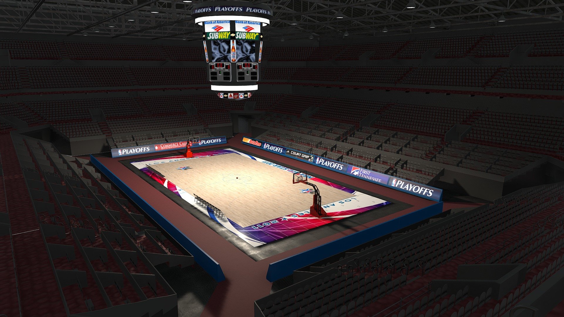 2011 NBA All star court version as requested by a customer

This is an Editorial Licence due to it using various copyrighted logos on the lights, banners and court. These can easily be changed to anything you require using the provided textures though 3d model