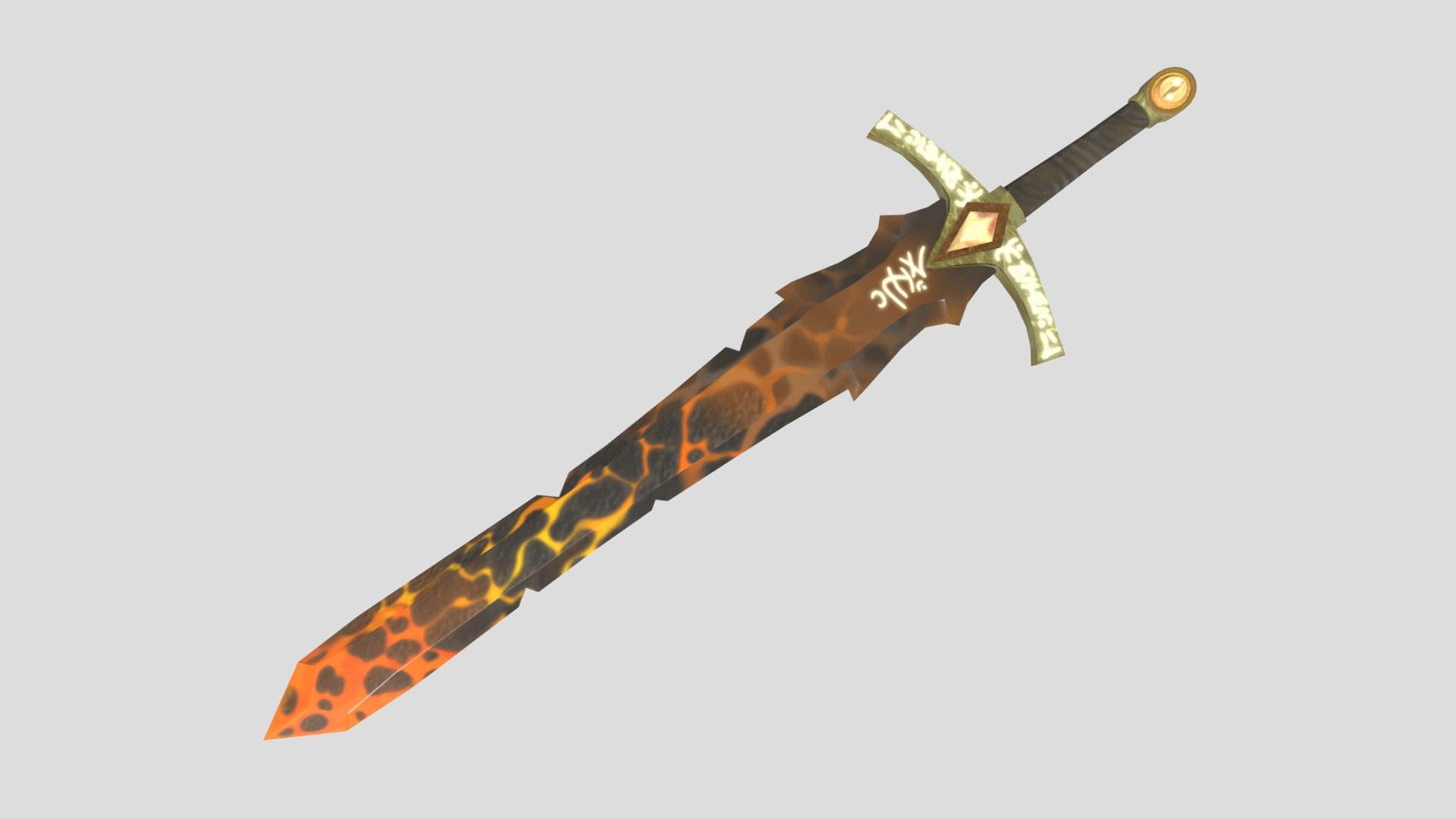 A fantasy-style sword. Lava that burns through all nature. An incredible sword with the eye of perdition and writings in an unknown language.

Is he cursed? Or does the soul of a fiery demon lurk in it? But one thing is for sure, whoever gets hold of this sword will receive incredible power.

All textures are drawn manually. Created with the correct topology in mind 3d model