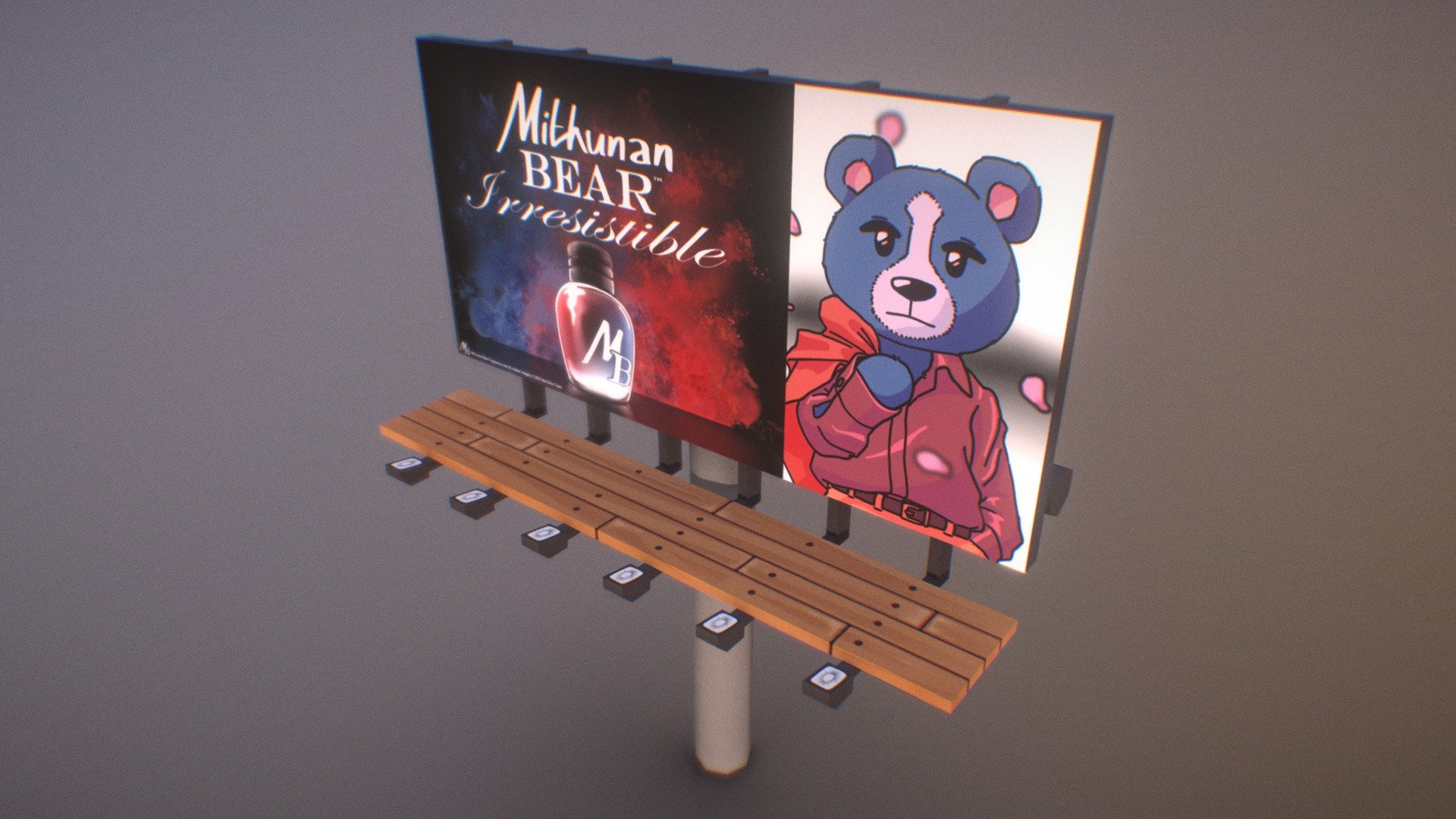 A billboard model for my group's GDW game. Featuring a certain bear illustration advertising an as of yet unreleased fragrance 3d model