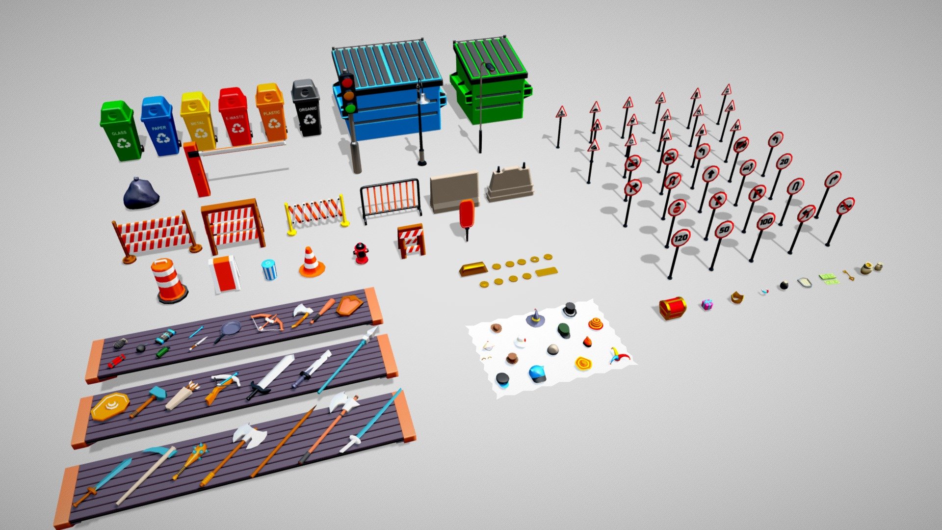 This pack includes a ready-to-use &amp; very useful game assets pack. There are the following types of assets: 1) Wooden Tables. 2) Dustbins. 3) Mat. 4) Traffic Signs. 5) Fire Hydrant. 6) Road Barriers. 7) Dividers for Roads. 8) Various Hat Pack 9) Ancient weapons like Swords, Spears, Axe, Javelins, Bows, Arrows, Hammers, Mace, etc.

All the asset objects are originally modeled in a blender. Enjoy this low-poly game asset pack to make RPG game or cartoon-styled environment rendering or any other purpose of your choice. Don’t forget to leave a comment if you like this pack. Thank you - Game Assets Pack - Lowpoly - Buy Royalty Free 3D model by Logicgo Infotech (@logicgo_infotech) 3d model