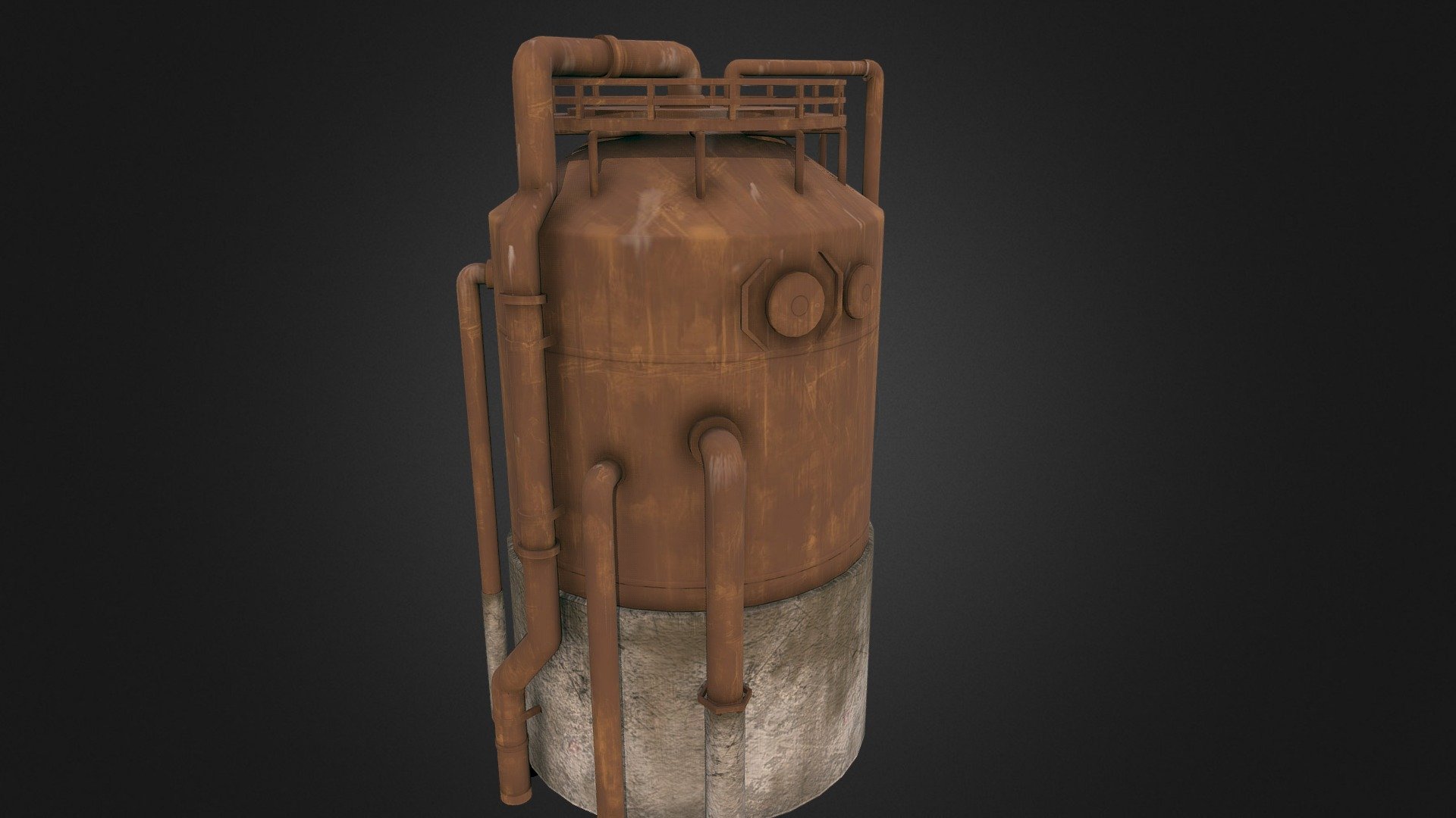 This pipe tank was made in blender, high-poly version was created in Blender and textures were made in Substance Painter.
Original artwork:https://www.pinterest.ru/pin/456763587193596371/ - Rust pipe tank 3d model