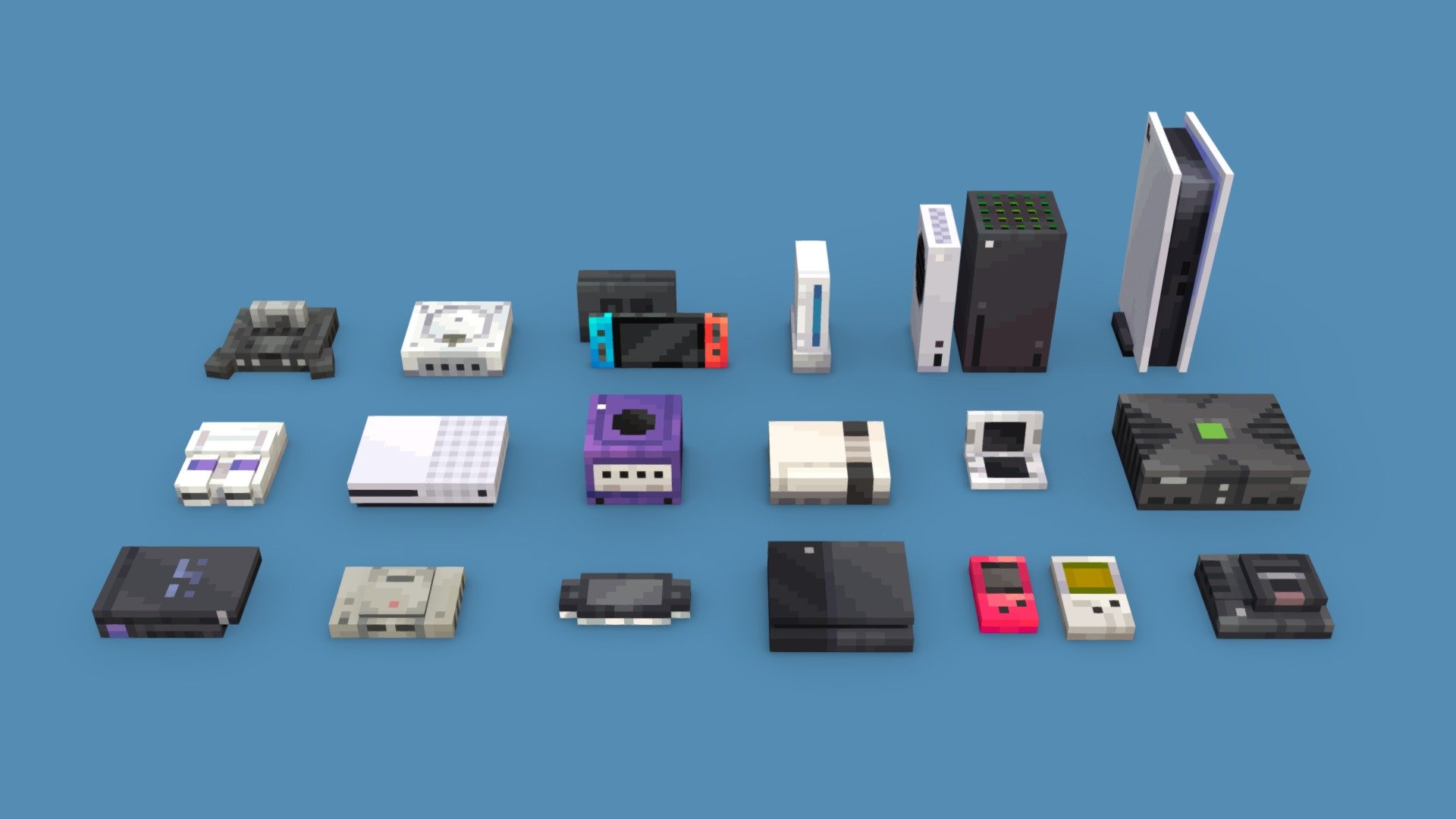 Low poly consoles from all generations, also featuring next gen Xbox &amp; Playstation.
Modeled with blockbench.



Other information:





JSON file included can be used on Bedrock Edition.




Blockbench .bbmodel project file included.


 - Low poly consoles - Buy Royalty Free 3D model by Wacky (@wackyblocks) 3d model
