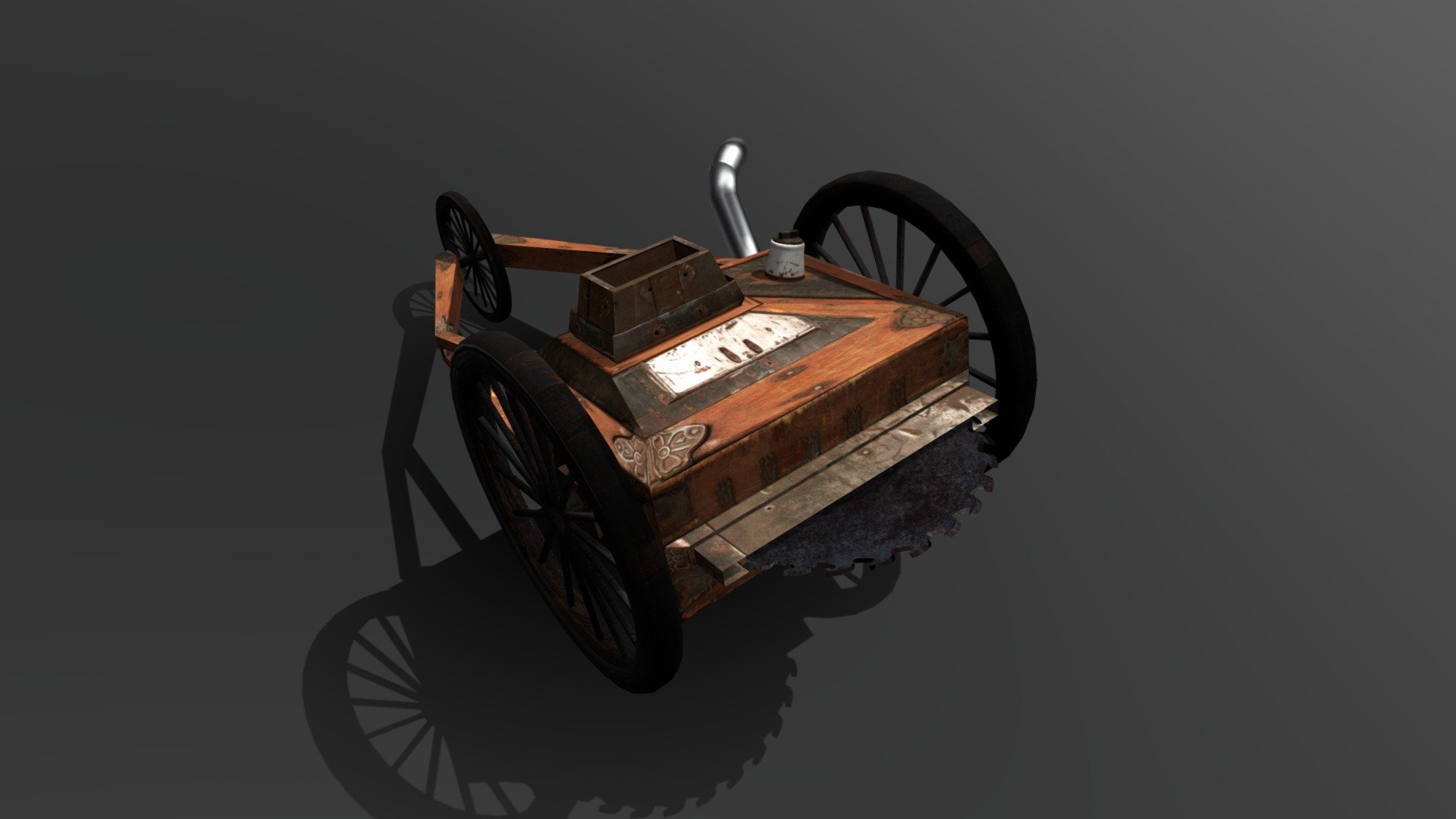 This is some kind of (gas-powered??? Is that a fuel cap?) tree cutting machine. Kind of medieval looking.

Learning how to use UV unwrapping to make something out of a picture of a steamer trunk. Kept it fairly square and simple. You can inspect the texture to see what's up. 

I did not texture the bottom. I actually didn't even look at the bottom until now&hellip; it's a little janky.

Y'know what? Don't look under this 3d model