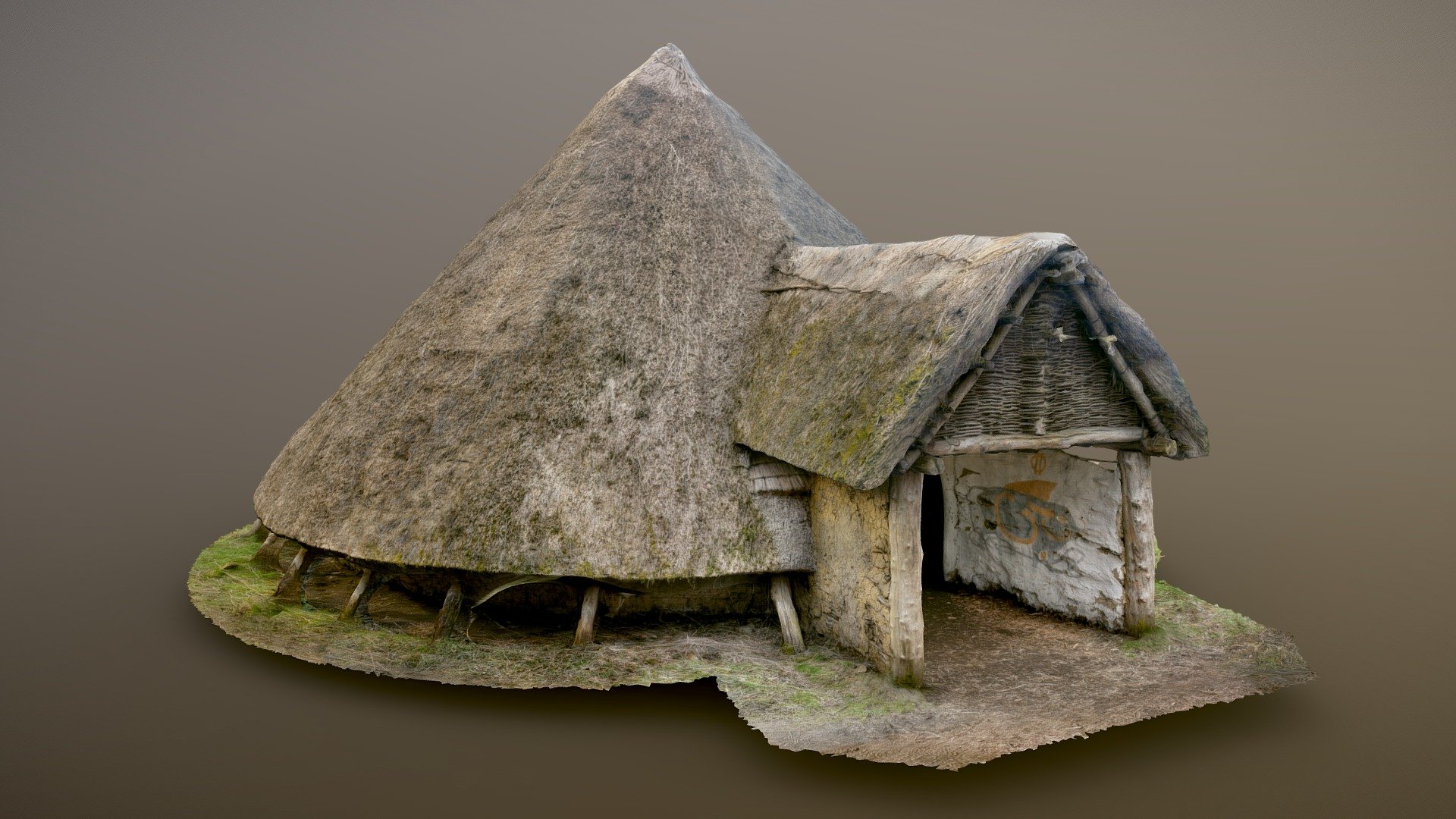 A simulated Iron Age roundhouse at the Ryedale Folk Museum, North Yorkshire. Roundhouses are relatively common in the British Bronze and Iron Ages, seemingly representing a standard type of housing in most areas. The style continued to be used even into the sub-Roman period in some cases. 

This reconstruction is based on an example excavated at nearby Pickering Quarry. The common features of a roundhouse are the circle of timber posts joined by wattle-and-daub panels, and a roughly 45 degree pitched thatch roof. Here an impressive &lsquo;porch' feature has been interpreted, most likely used as a windbreak of sorts. 45 degrees was found by experimental archaeologists to be the most efficient design, and surprisingly strong. A hearth burns constantly in the centre, but there is no chimney as an updraft will allow sparks to start a fire, and besides the smoke discourages creatures from eating the thatch.

Not the best model ever, but the site is restricted by trees, hungry pigs etc. 149 images processed in Metashape - Iron Age Roundhouse | Reconstruction - Buy Royalty Free 3D model by Nick Mason Archaeology (@nickmason) 3d model