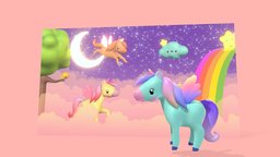 Stylized Toon Unicorn (rigged) unicorn, flying, toon, cute, kids, happy, children, mylittlepony, pony, wings, mlp, pegasus, rainbow, colorful, ponies, character, cartoon, fly, noai