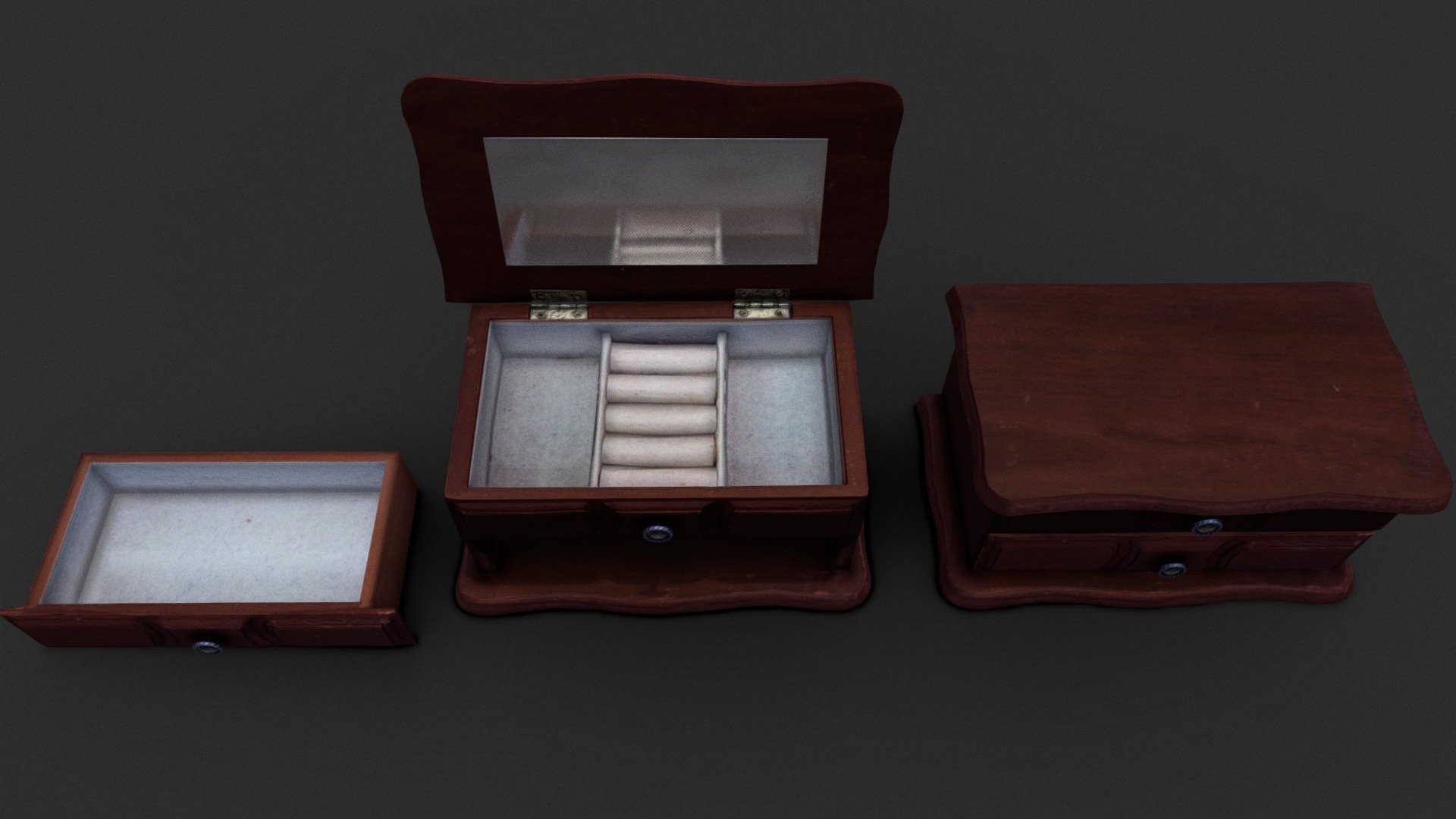 Old wooden jewelry box with scanned mirror with removable drawer and folding lid.
You can combine this jewelry box with the free Victorian jewelry pack:
Victorian family heirloom jewellery - circa 1895 - Old wooden jewelry box - scanned - Buy Royalty Free 3D model by Tijerín Art Studio (@tijerin_art) 3d model
