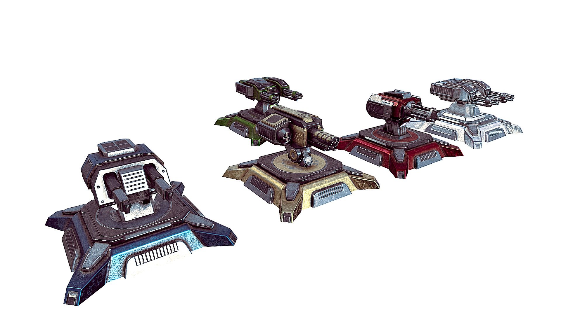 Hi! I have prepared a collection of 4 turrets, suitable for both computer games and mobile applications! The turret consists of two objects, a platform and a gun mount with the correct pivot position. The turret can only be animated horizontally by 360 degrees, no vertical slopes are provided.





Prepared 5 skins of different colors (Skin_White, Skin_Green, Skin_Gold, Skin_Red, Skin_Blue) if you are not satisfied with my colors, then the kit includes a mask for mixing the base color with your prepared color.




File format: Fbx, Blend




Textures: 4096x4096 (Ao, Base_Color, Metallic, Normal_DirectX, Normal_OpenGL, Roughness, Mask, OcclusionRoughnessMetallic-UE4)



** Statistics for 4 turrets** 
* - Vertex: 2840








Faces: 2290







triangle: 4159




Archiver version 5.80


 - Sci-fi Turret LowPoly - Buy Royalty Free 3D model by Qwestgamp (@Qwestgamp.) 3d model
