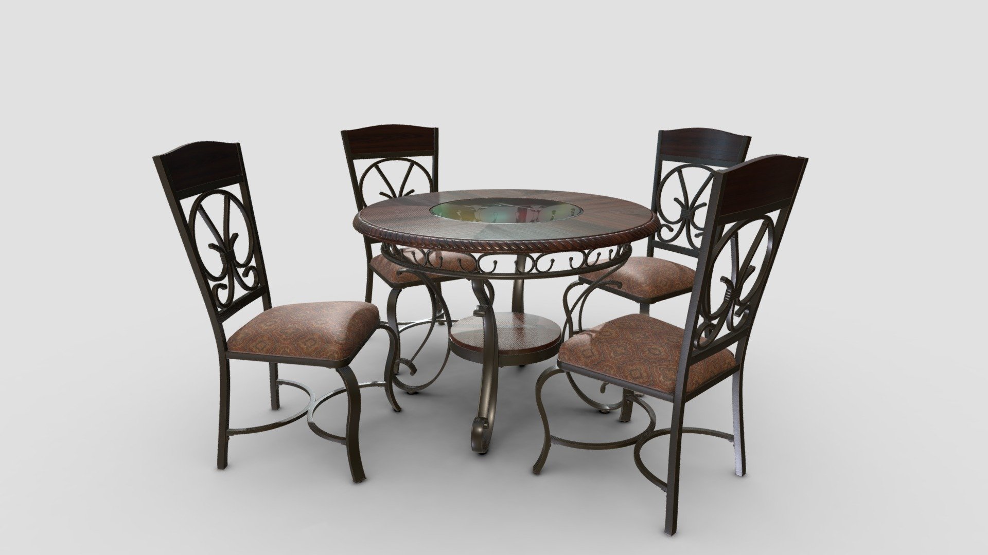 6 materials total; 3 per model. 4k textures using the metallic-roughness workflow. The transparency on the table was designed to work with a refraction shader 3d model
