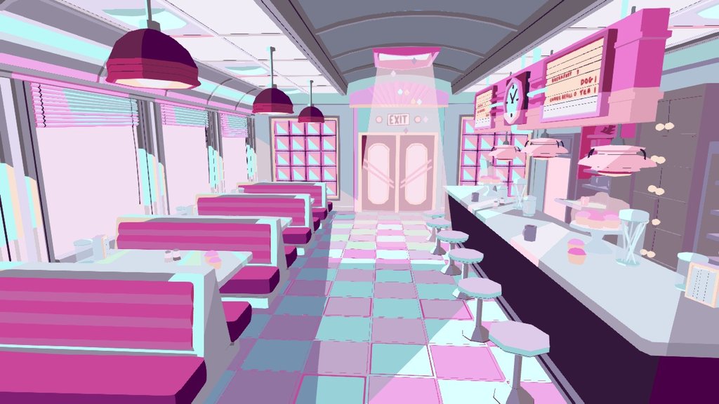 I found a lovely concept piece by Emily Walus for Steven Universe and had to make it! about 15 hours work.  Used a small colour atlas again rather than a texture sheet.  - Steven Universe Cafe - 3D model by AllyAlbon 3d model