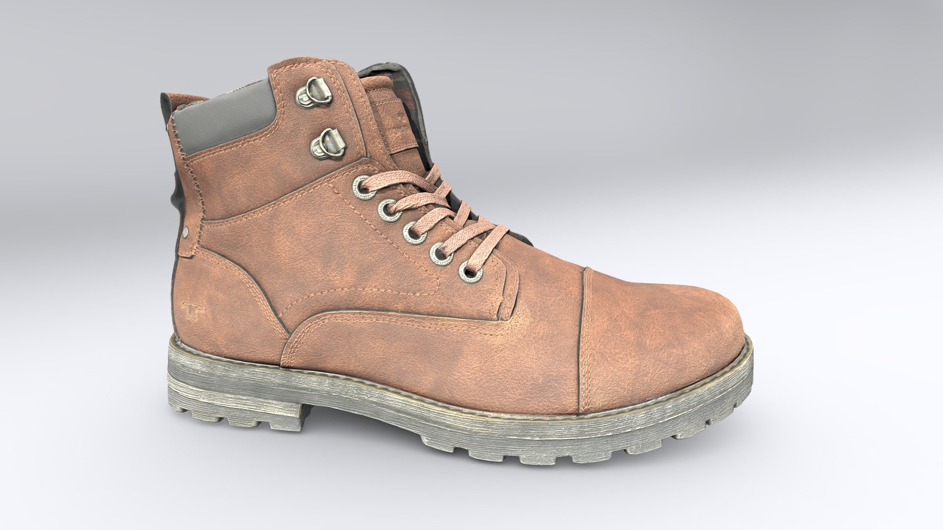 Realistic high detailed ankle boot model with high resolution textures.
Model created by our unique semi-automatic scanning technology
Optimized for 3D web and AR / VR

=======FEATURES===========

The units of measurement during the creation process were milimeters. 
Clean and optimized topology is used for maximum polygon efficiency. 
This model consists of 1 mesh.
 All objects have fully unwrapped UVs. 
The model has 1 materials
Includes high detailed normal map

Includes High detail 4096x4096 .png textures (diffuse (base color), Roughness, Metallness, Normal) for rendering. 

================== - TOM TAILOR Lace-up Ankle Boots - Buy Royalty Free 3D model by VRModelFactory 3d model