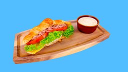 Croissant with eggs, tomato, meat food, realistic, scanned, tomato, cucumber, cheese, croissant, salad, salami, foodscan, food3dmodel, photogrammetry, gameasset