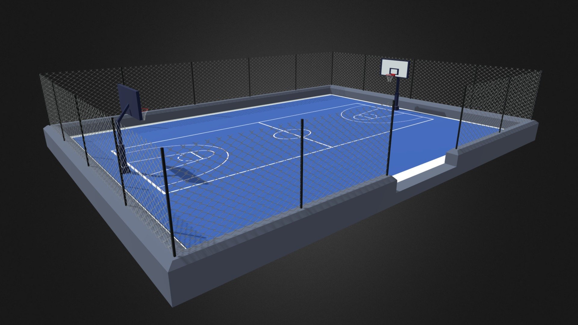 Basketball Court

The model was created in Blender3D.
The texture of the court was created in Photoshop, from a similar reference 3d model