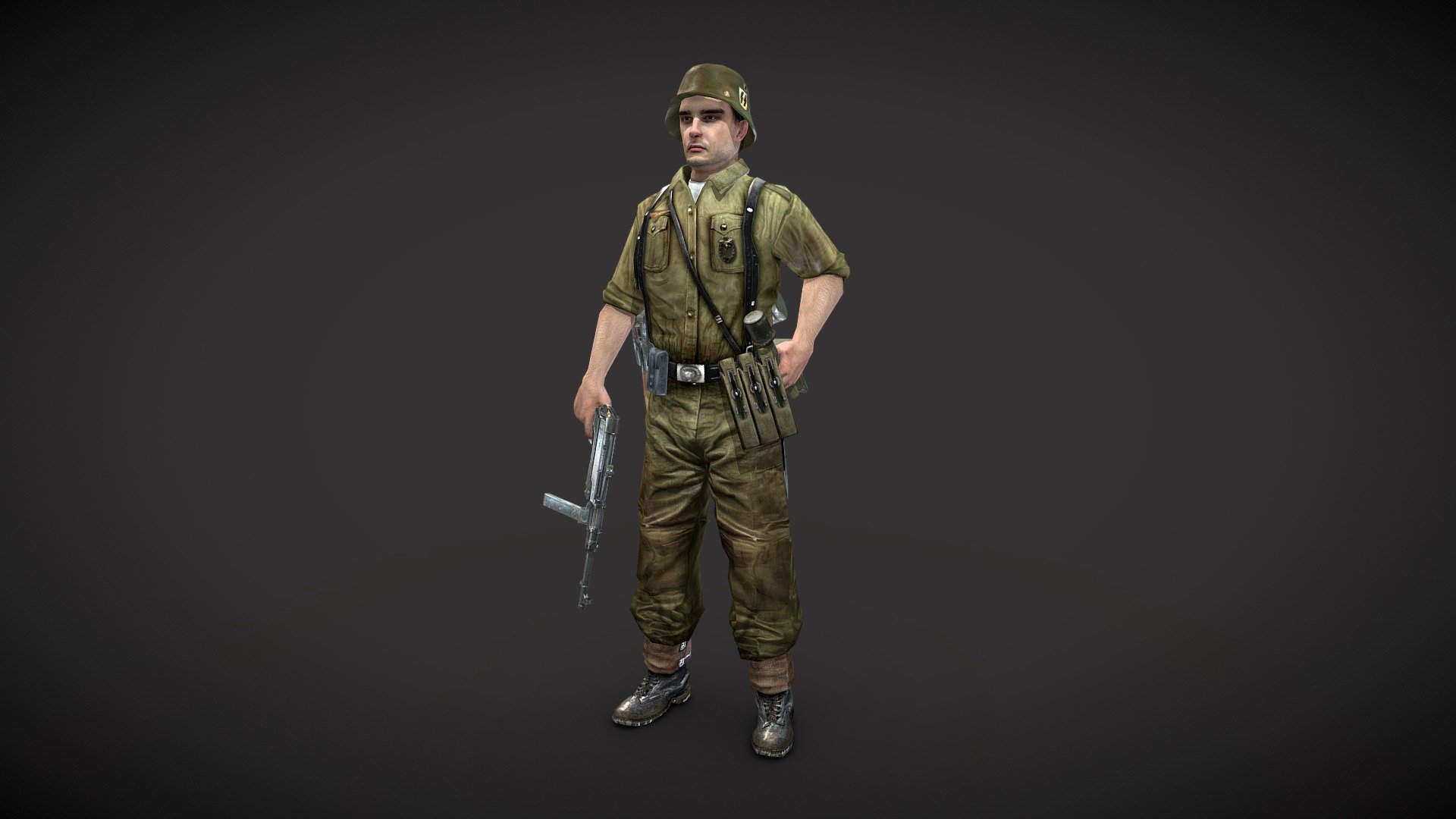 WWII German Soldier 3D character.
Rigged using 3ds Max biped and phisique modifier.
Additional attached file includes T-pose 3d model