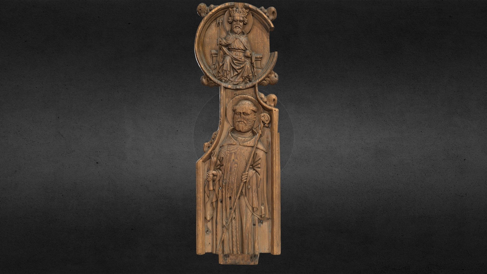 The principal motif is a tonsured abbot standing dressed in a cowl; his halo indicates that he is a saint, standing with his abbot's staff in his left hand and a buring torch as his emblem in his right. The staff, baculus was carried as the symbol of the pastoral duty.
  There has been some despute to the identification to the person on the bench end, some say he cannot be identified while others have suggested the abbot to be St. Brendan, as his emblem in german documents is a burning torch, and St. brendan can be related back to Kirkjubø.
  In the rounded top panel sits St. Olav enthroned. with a halo, crown, his long handed axe in his right and and the earth/orb in his left.
  The small escutcheon above where the olique desk top would have been is the faroes coat of arms of the ram. 
  In the rounded upper top panel we find Erik of Pomerania's Nordic Coat of Arms, the three crowns.

Dimension: 138 x 44 x 7 cm.

Created by Petur Hansen, using Artec Eva scanner and Artec Studio 16 3d model