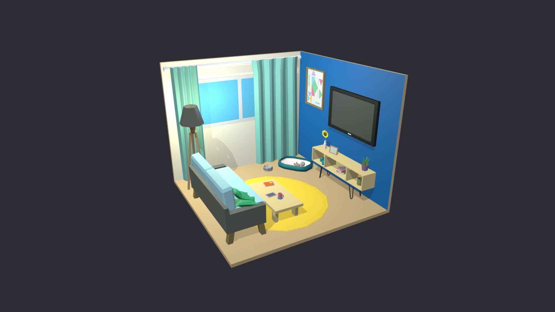 Low poly room is ready to be used for games, rendering and advertising.

This is a living room complete with furniture. Measures 5 m x 5 m.

This set includes 25 unique props: TV / sofa / lamp / curtains / shelf / flowers and much more!

Technical details:

The whole room has:




Vertex: 3723

Faces: 3271

Tris: 6309

Has only one color texture (2048/1024/512/256 /128px) and one material for the entire game set.

Feel free to download it and leave your reviews, comments and likes. This will help us create more products for you :) - Living Room 12 Low-poly 3D model - Buy Royalty Free 3D model by Mnostva 3d model