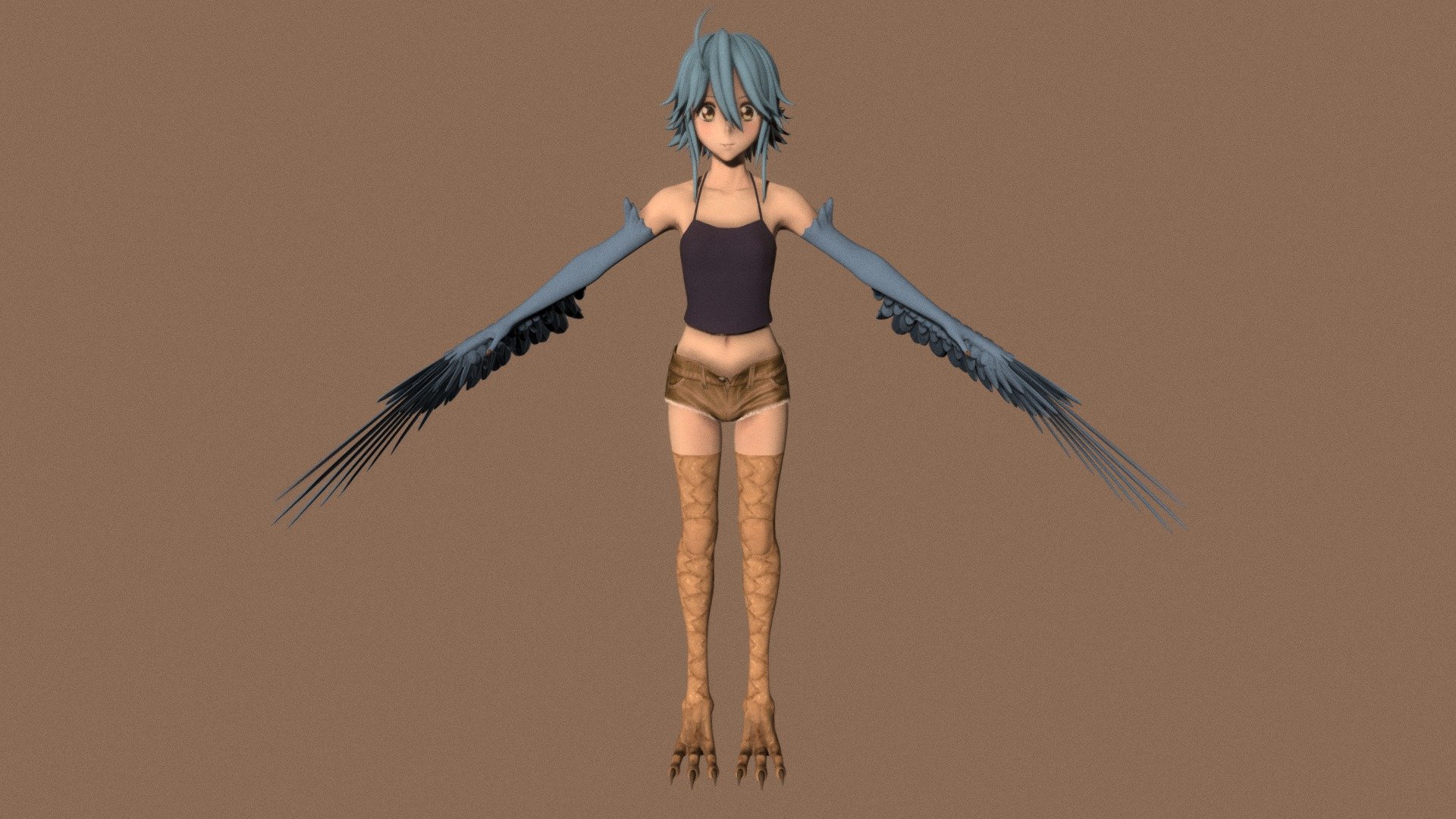 T-pose rigged model of anime girl Papi (Monster Musume).

Body and clothings are rigged and skinned by 3ds Max CAT system.

Eye direction and facial animation controlled by Morpher modifier / Shape Keys / Blendshape.

This product include .FBX (ver. 7200) and .MAX (ver. 2010) files.

3ds Max version is turbosmoothed to give a high quality render (as you can see here).

Original main body mesh have ~7.000 polys.

This 3D model may need some tweaking to adapt the rig system to games engine and other platforms.

I support convert model to various file formats (the rig data will be lost in this process): 3DS; AI; ASE; DAE; DWF; DWG; DXF; FLT; HTR; IGS; M3G; MQO; OBJ; SAT; STL; W3D; WRL; X.

You can buy all of my models in one pack to save cost: https://sketchfab.com/3d-models/all-of-my-anime-girls-c5a56156994e4193b9e8fa21a3b8360b

And I can make commission models.

If you have any questions, please leave a comment or contact me via my email 3d.eden.project@gmail.com 3d model