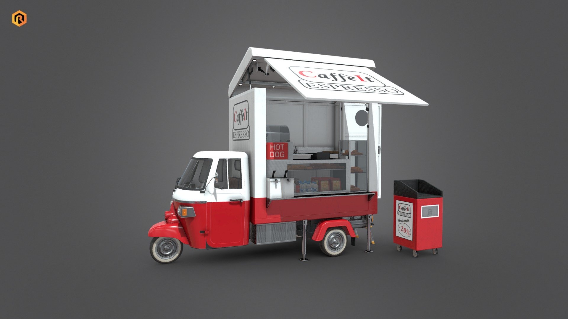 PBR low-poly 3D model of Food Cart with an additional bin. 

There is open and closed trailer version of the model included.  

This Food Cart is coffee shop themed but you can also find other theme food carts in my store.

This model is best for use in games and other VR/AR, real-time applications such as Unity or Unreal Engine. It can also be rendered in Blender (ex Cycles) or Vray as the model is equipped with all required PBR textures.  

Technical details:




6 PBR textures sets

 (Main Body, Alpha, Emission, Trailer Main, Trailer Alpha, Trailer Emission) 

35665 Triangles

The model is divided into few objects: main body, wheels, doors, steering wheel, two trailer types (open and close) etc. 

Lot of additional file formats included (Blender, Unity, Maya etc.)  

More file formats are available in additional zip file on product page (See all files)

Please feel free to contact me if you have any questions or need any support for this asset.

Support e-mail: support@rescue3d.com - Food Truck - Buy Royalty Free 3D model by Rescue3D Assets (@rescue3d) 3d model