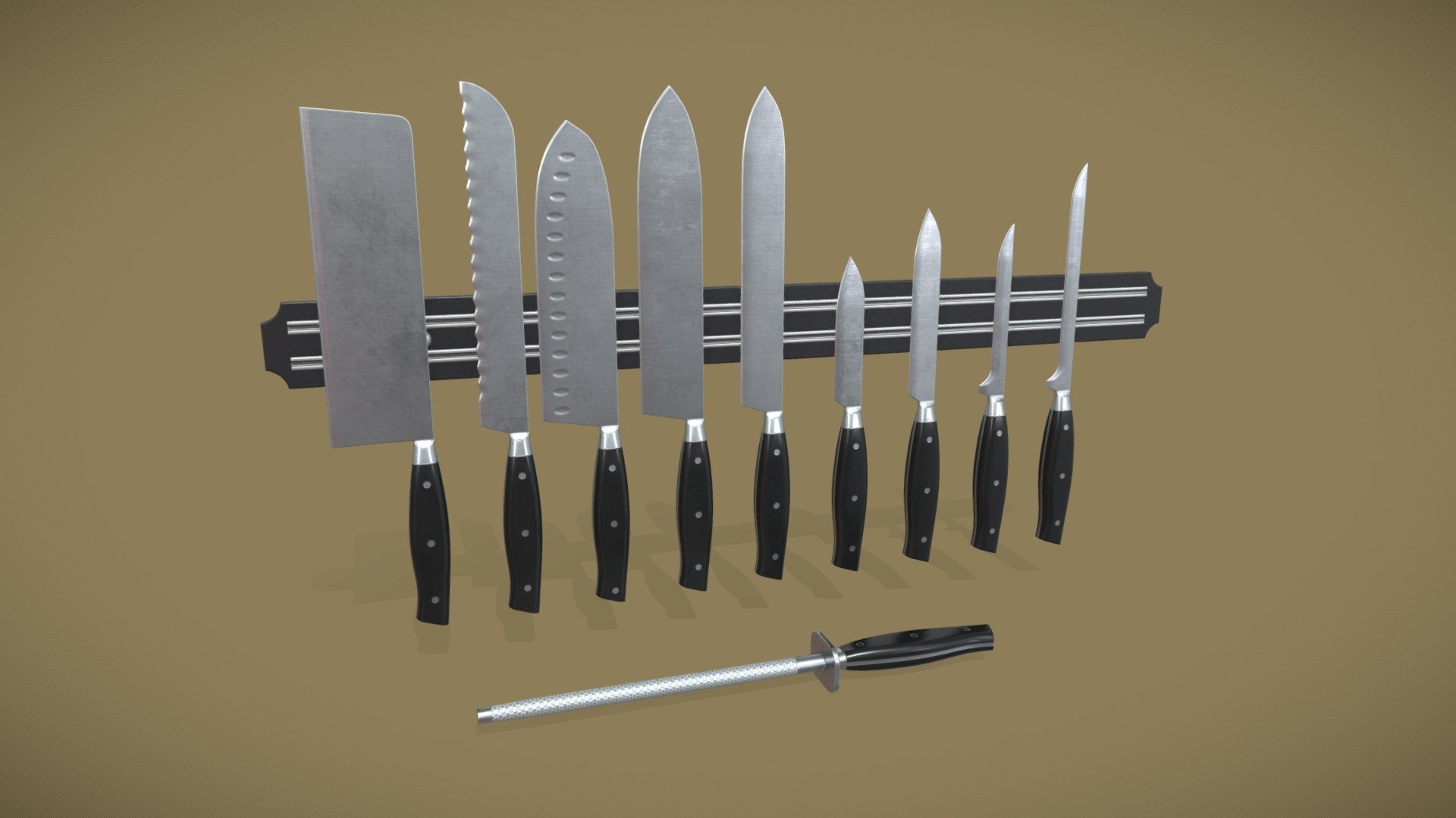 Game ready low-poly models from kitchen knife set with PBR textures for game engines/renderers.

This product is intended for game/real time/background use. This model is not intended for subdivision. Geometry is triangulated. Model unwrapped manually. All materials and objects named appropriately. Scaled to approximate real world size. Tested in Marmoset Toolbag 3. Tested in Unreal Engine 4. Tested in Unity. No special plugins needed. .obj and .fbx versions exported from Blender 2.83.

4096x4096 textures in png format:
- General PBR Metallic/Roughness  textures: BaseColor, Metallic, Roughness, Normal, AO;
- Unity Textures: Albedo, MetallicSmoothness, Normal, AO;
- Unreal Engine 4 textures: BaseColor, OcclusionRoughnessMetallic, Normal;
- PBR Specular/Glossiness textures: Diffuse, Specular, Glossiness, Normal, AO 3d model