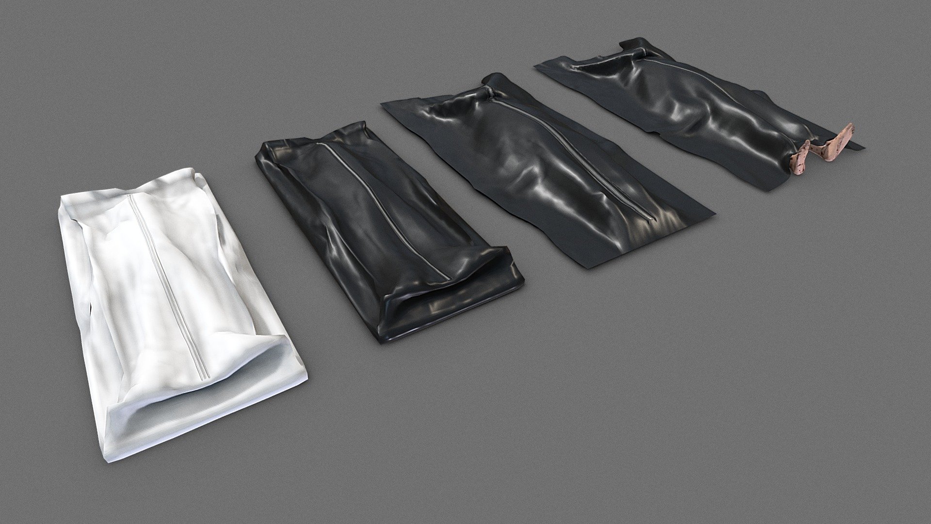 A collection of 4 bodybag variations to use any any sort of crime scene envronment. 

1x white plastic
2x black plastic
1x black plastic with bloody feet sticking out 

PBR textures @4k - Bodybag collection - Buy Royalty Free 3D model by Sousinho 3d model